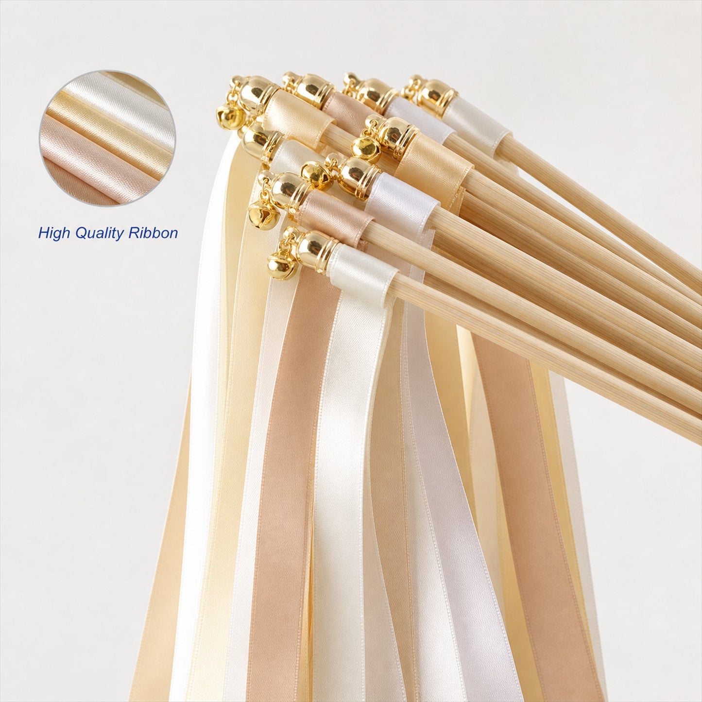 Handmade Champagne, Ivory & Beige Satin Wedding Ribbon Wands with Bell