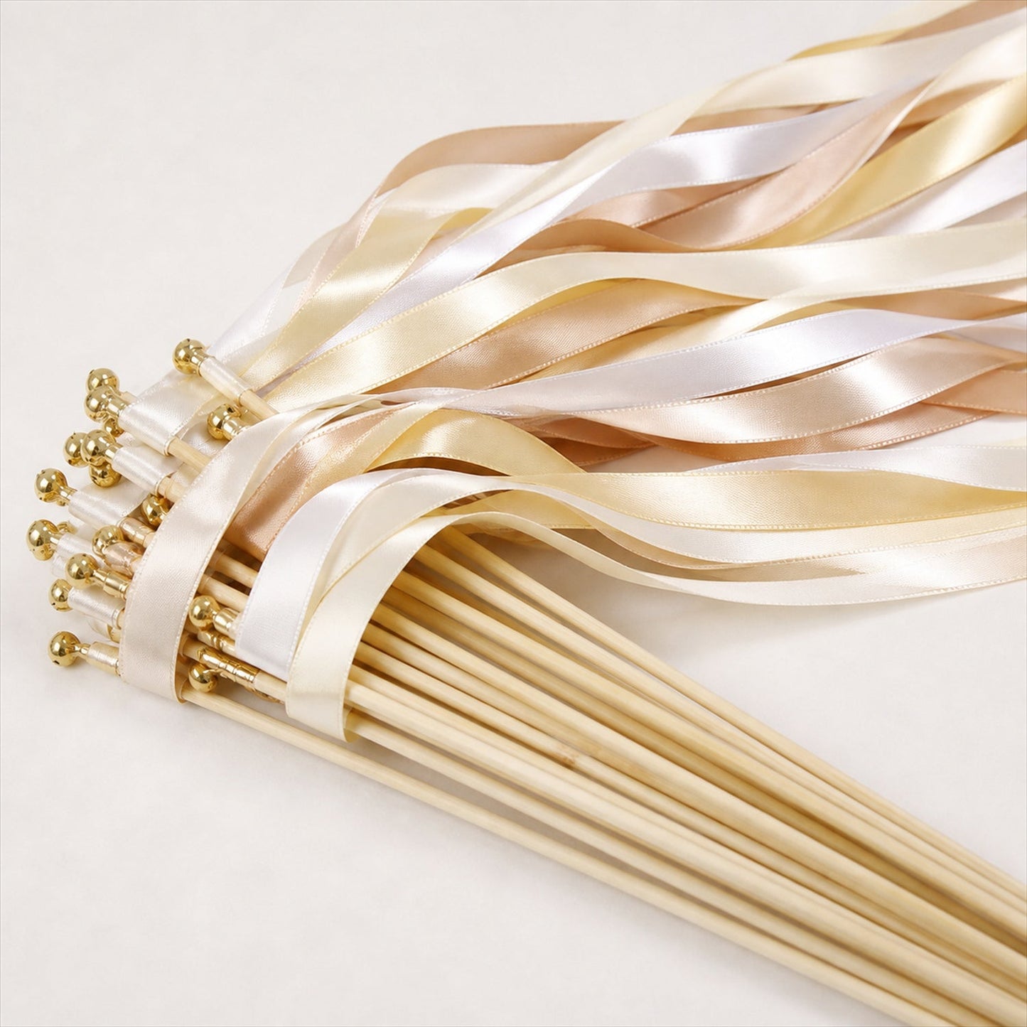 Handmade Champagne, Ivory & Beige Satin Wedding Ribbon Wands with Bell