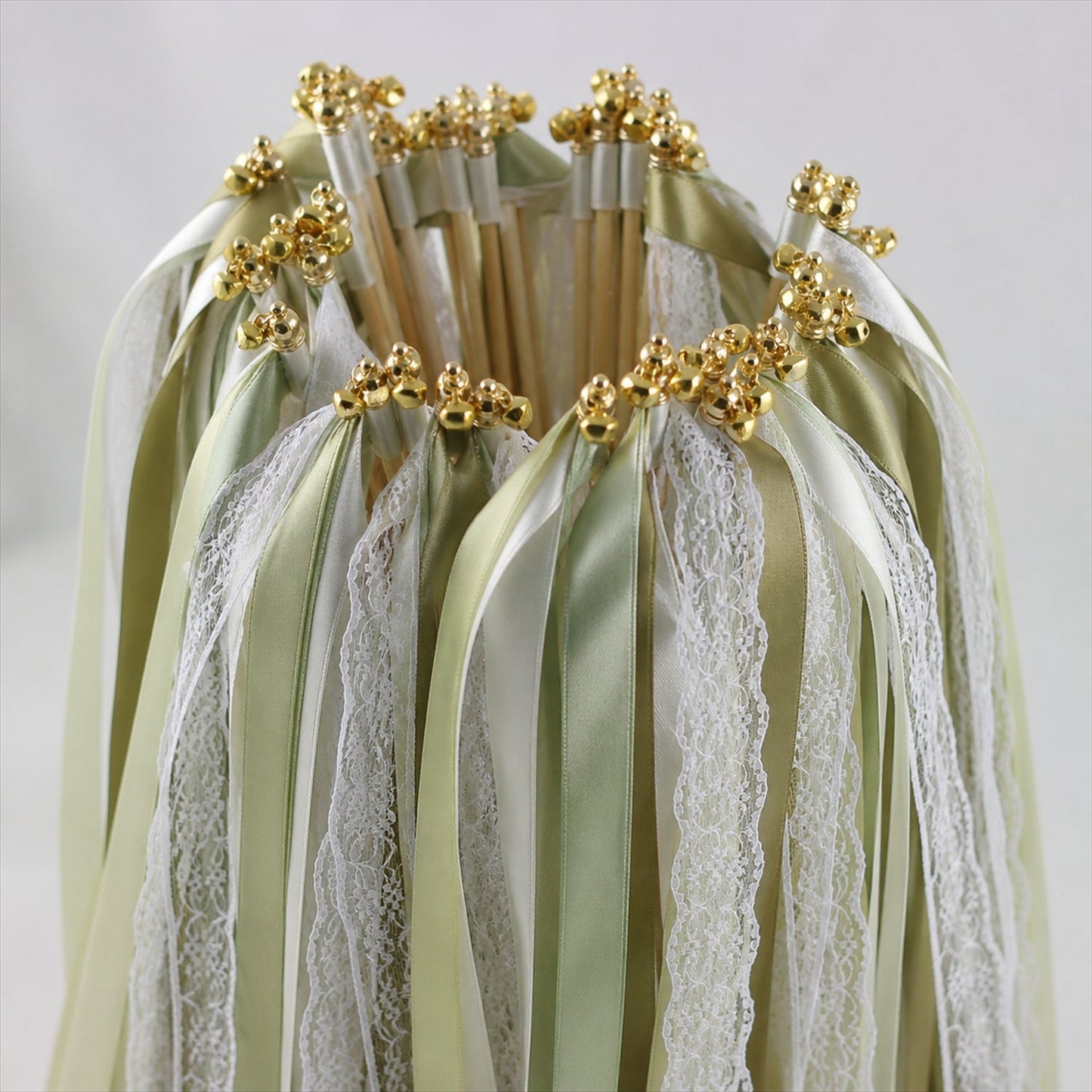 Handmade Sage, Olive & Ivory Satin & Lace Wedding Ribbon Wands with Bell