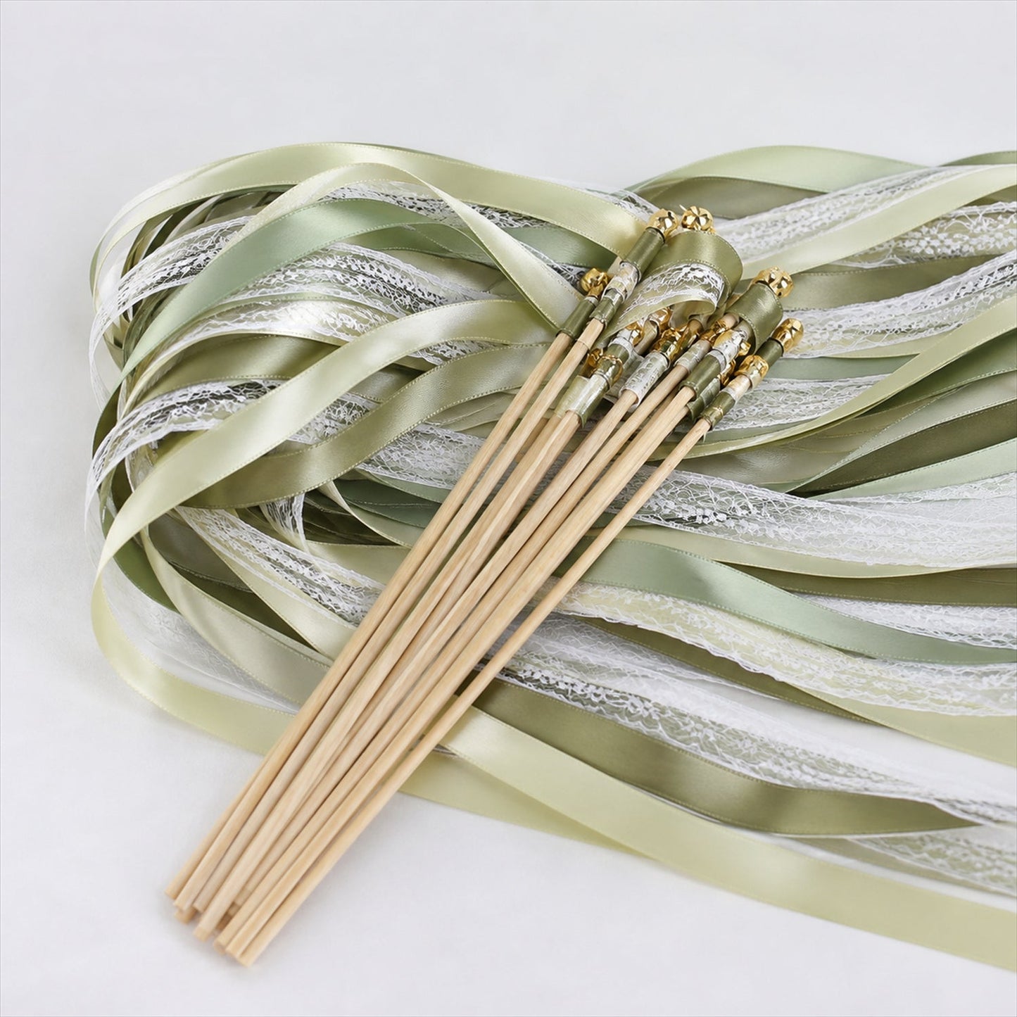 Handmade Sage, Olive & Ivory Satin & Lace Wedding Ribbon Wands with Bell