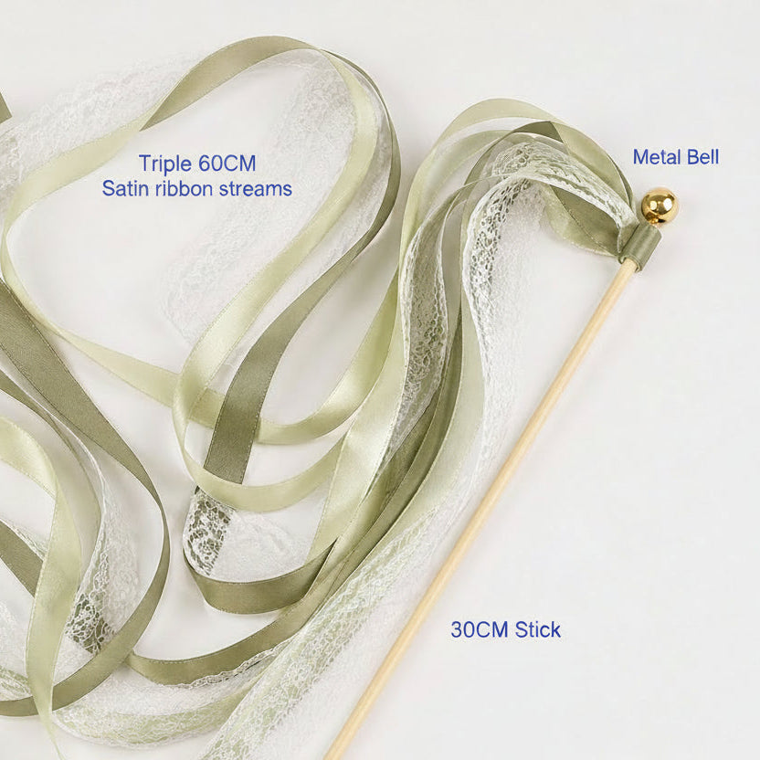 Handmade Sage, Olive & Ivory Satin & Lace Wedding Ribbon Wands with Bell
