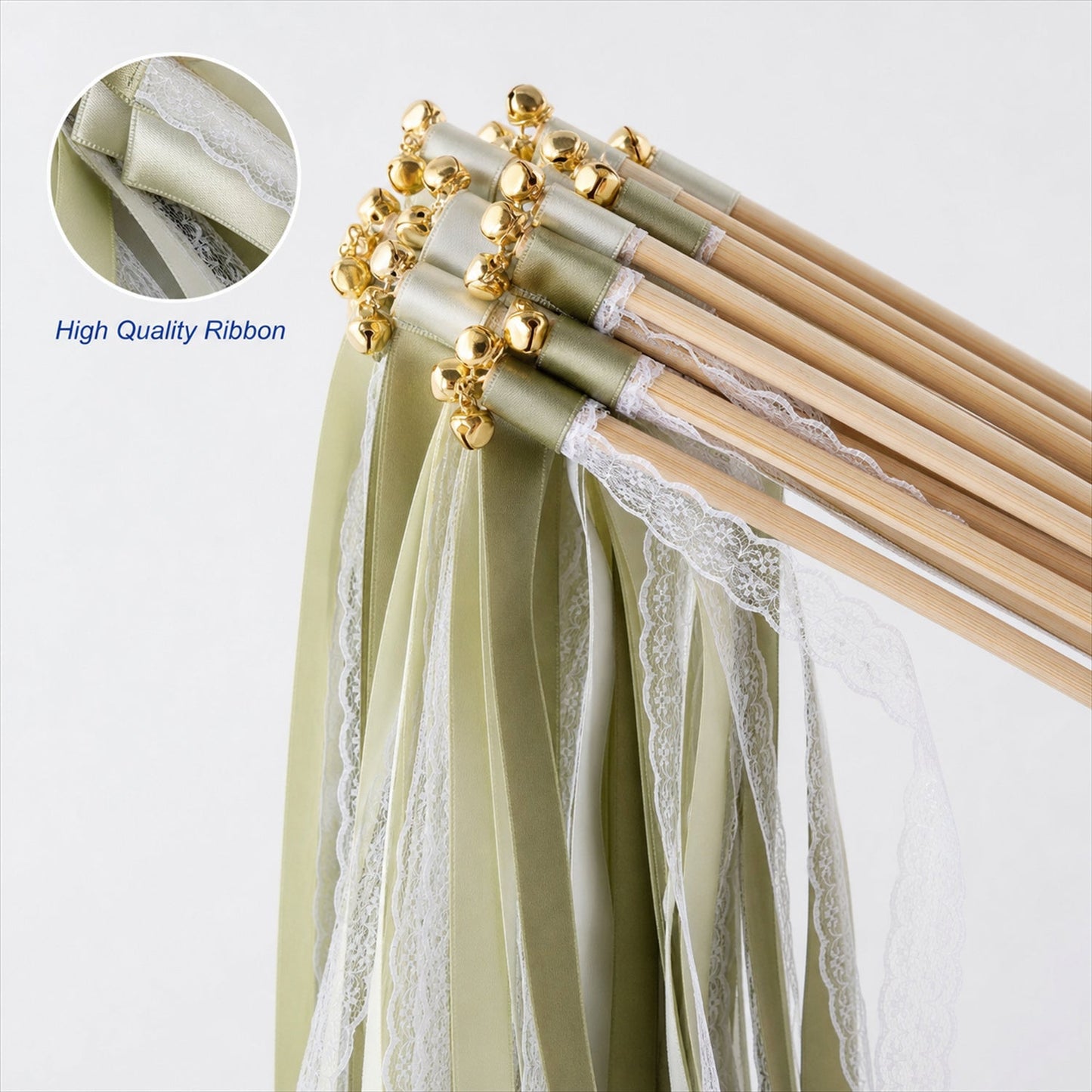 Handmade Sage, Olive & Ivory Satin & Lace Wedding Ribbon Wands with Bell