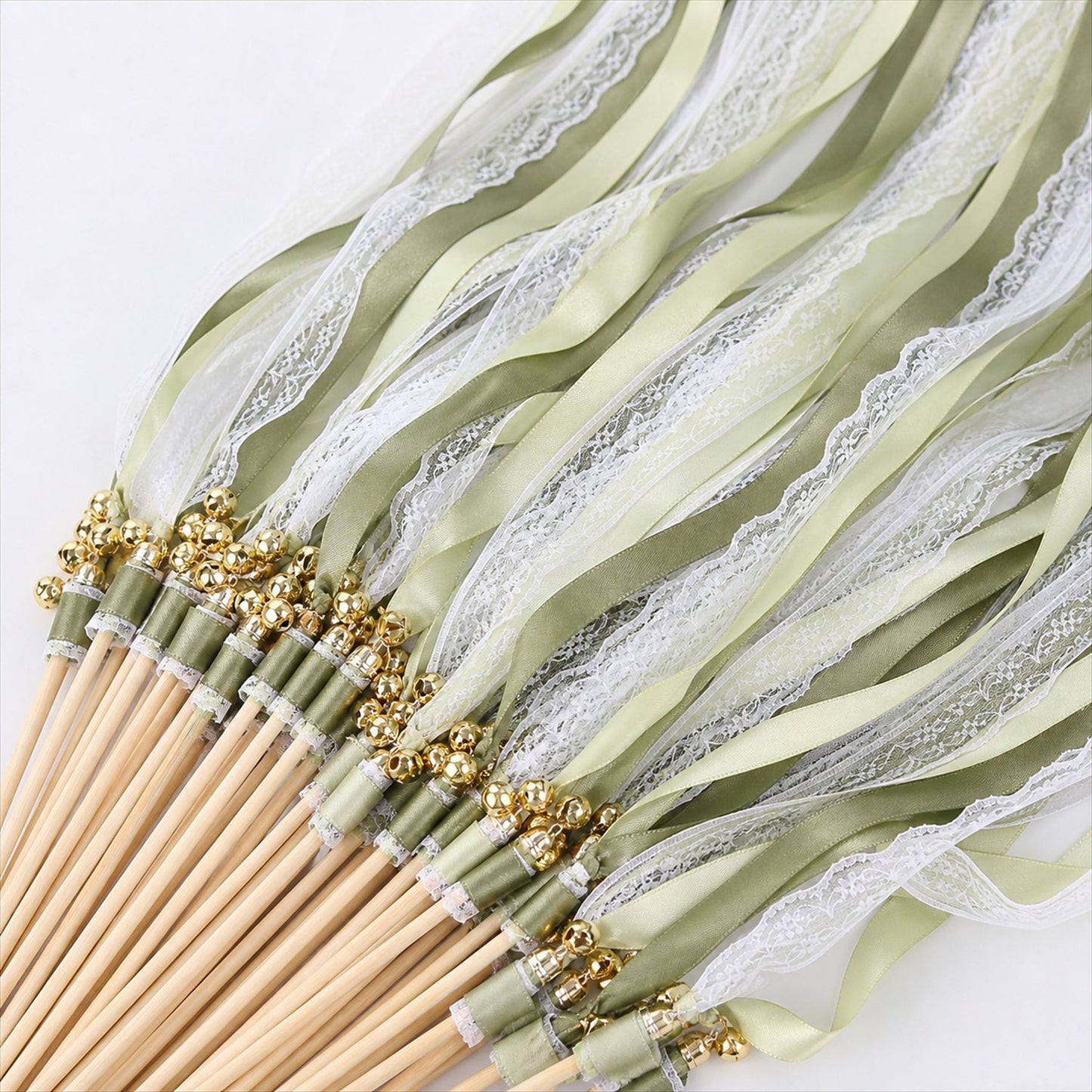 Handmade Sage, Olive & Ivory Satin & Lace Wedding Ribbon Wands with Bell