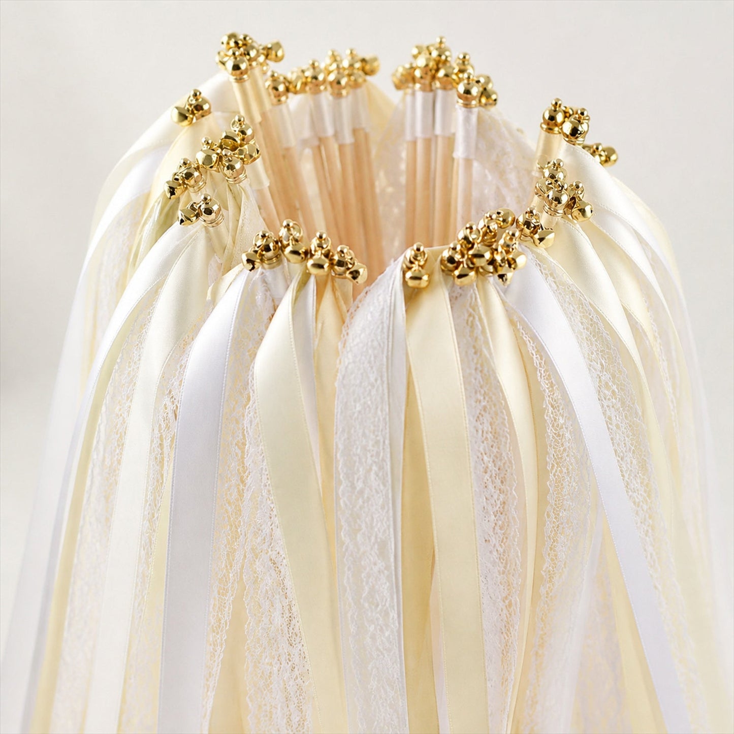 Handmade Ivory & White Satin & Lace Wedding Ribbon Wands with Bell