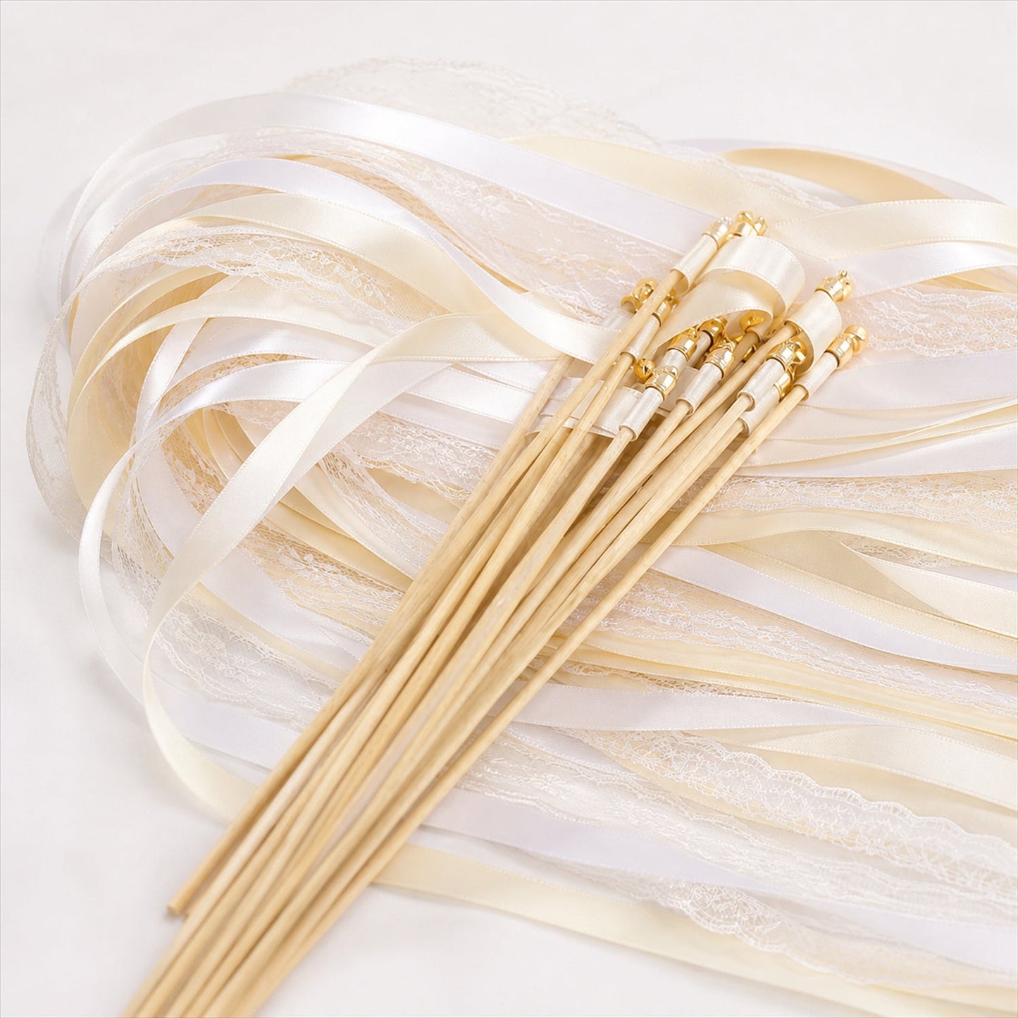 Handmade Ivory & White Satin & Lace Wedding Ribbon Wands with Bell