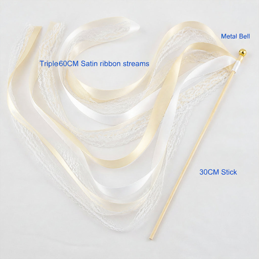 Handmade Ivory & White Satin & Lace Wedding Ribbon Wands with Bell