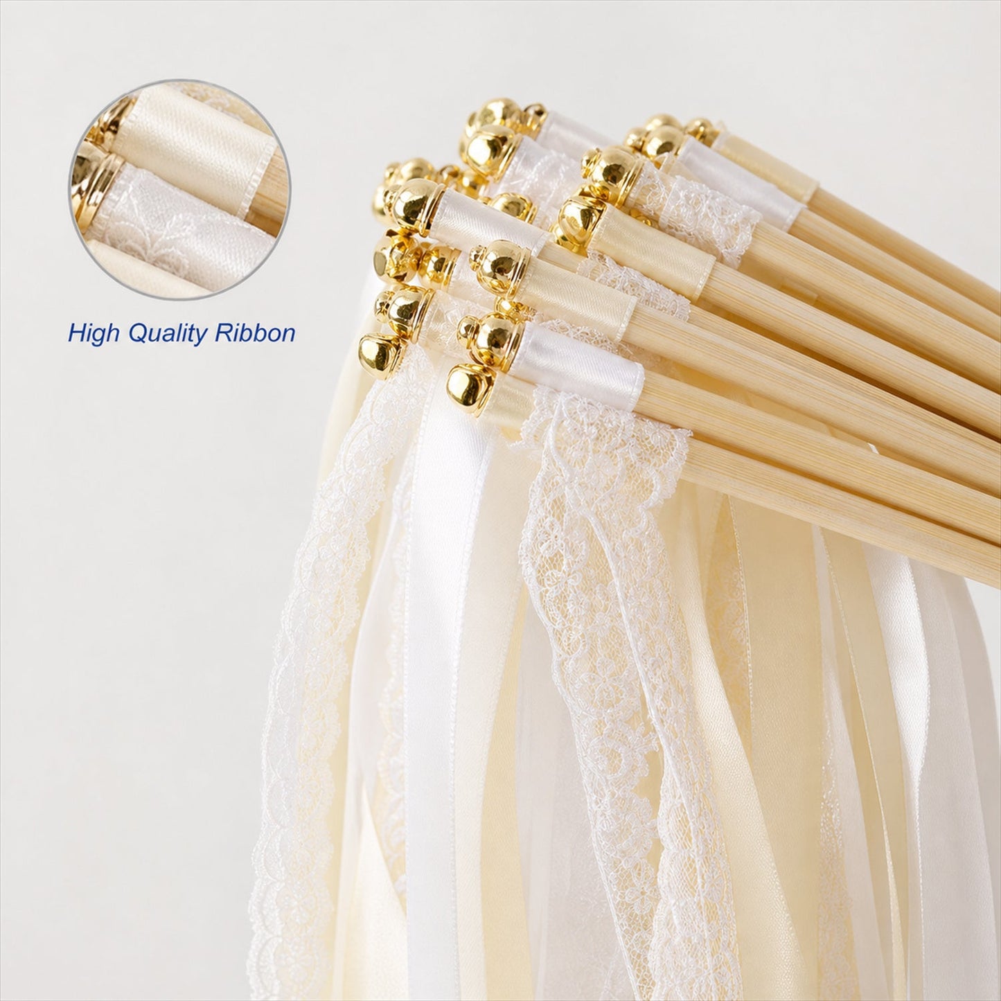 Handmade Ivory & White Satin & Lace Wedding Ribbon Wands with Bell