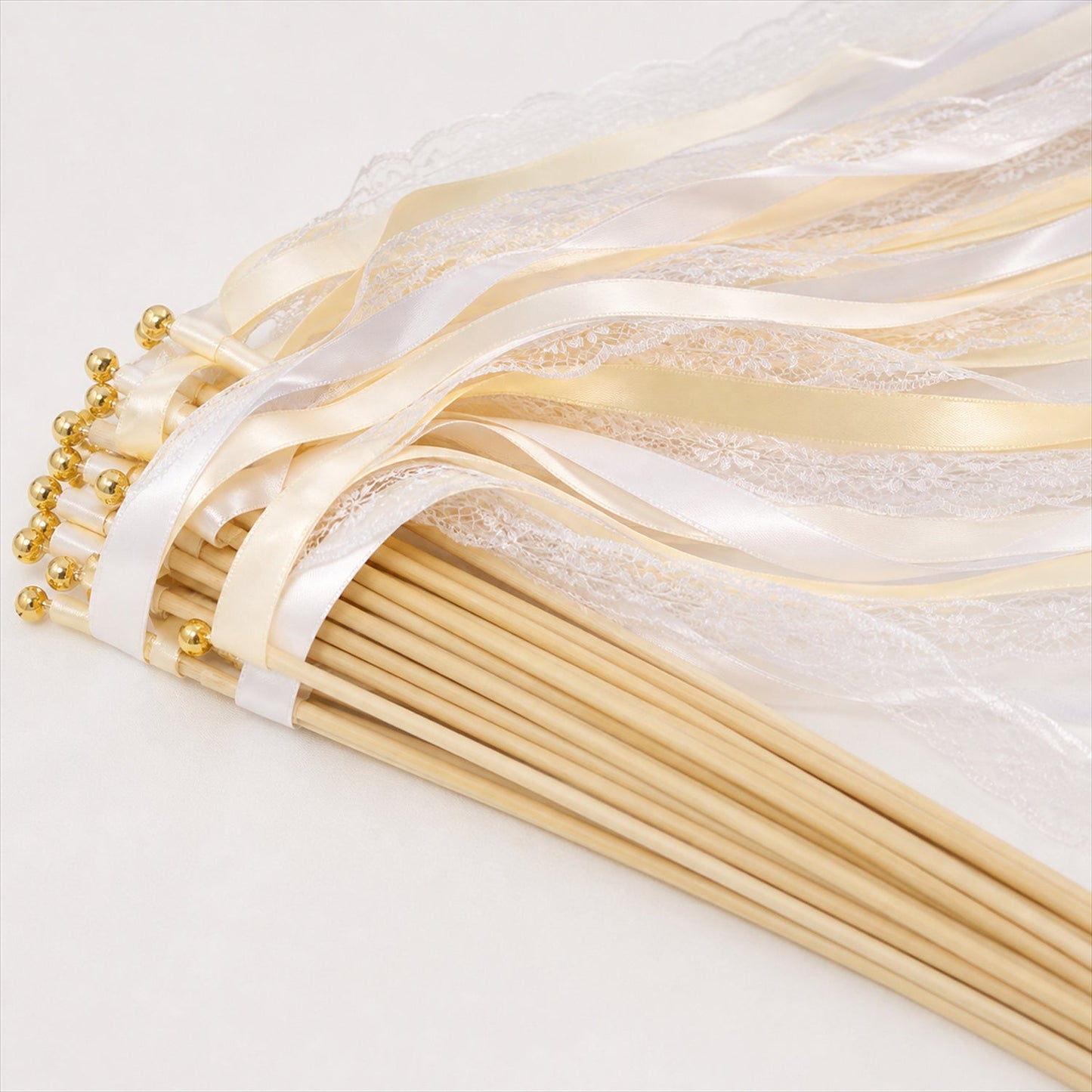 Handmade Ivory & White Satin & Lace Wedding Ribbon Wands with Bell