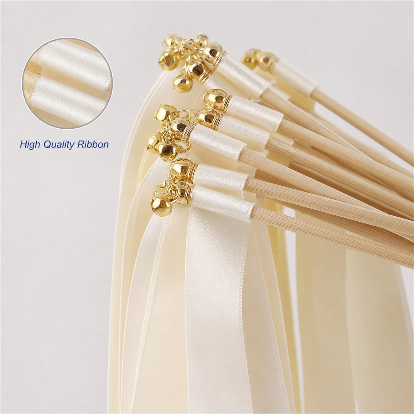 Handmade Ivory Satin Wedding Ribbon Wands with Bell