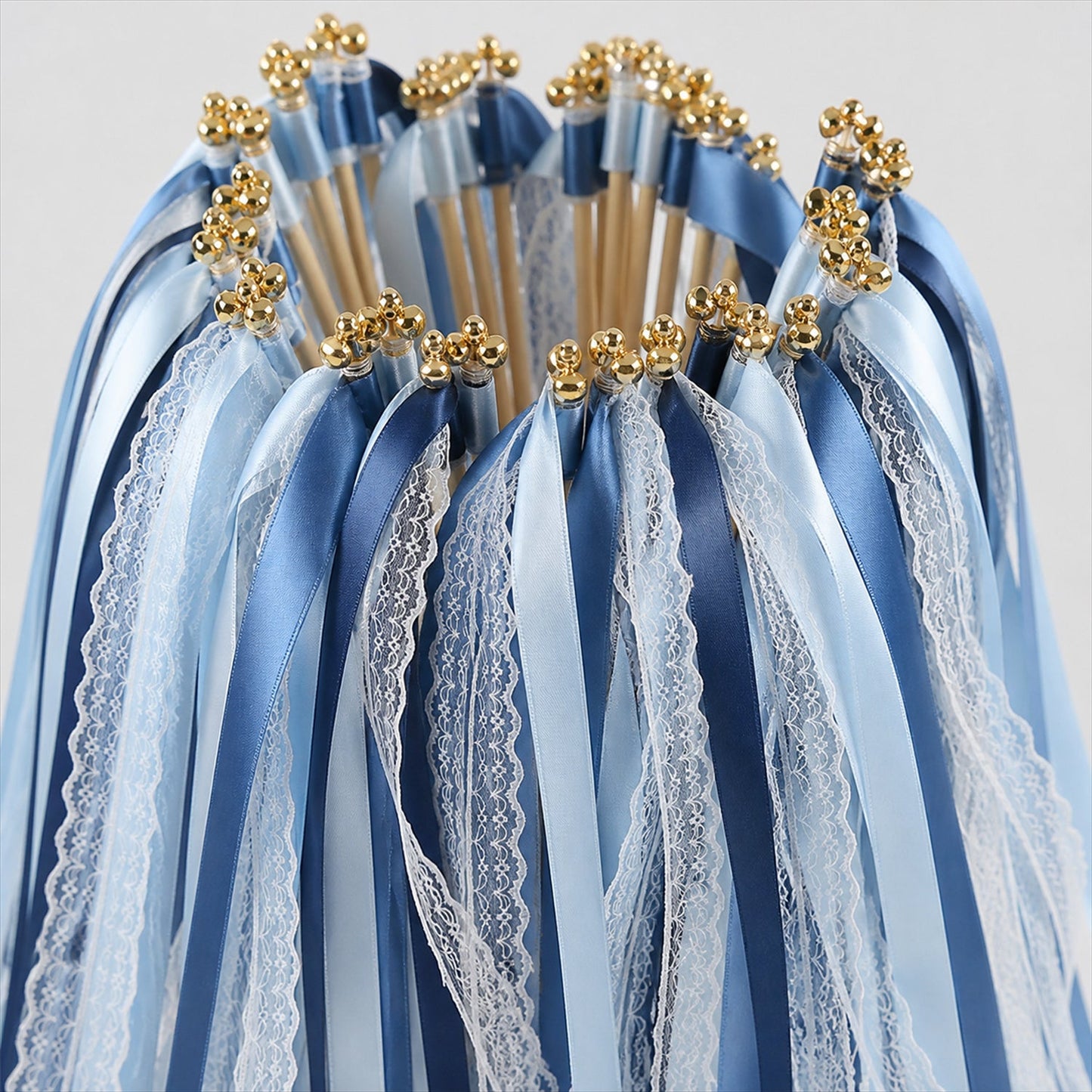 Handmade Dusty Blue, Navy & White Satin & Lace Wedding Ribbon Wands with Bell