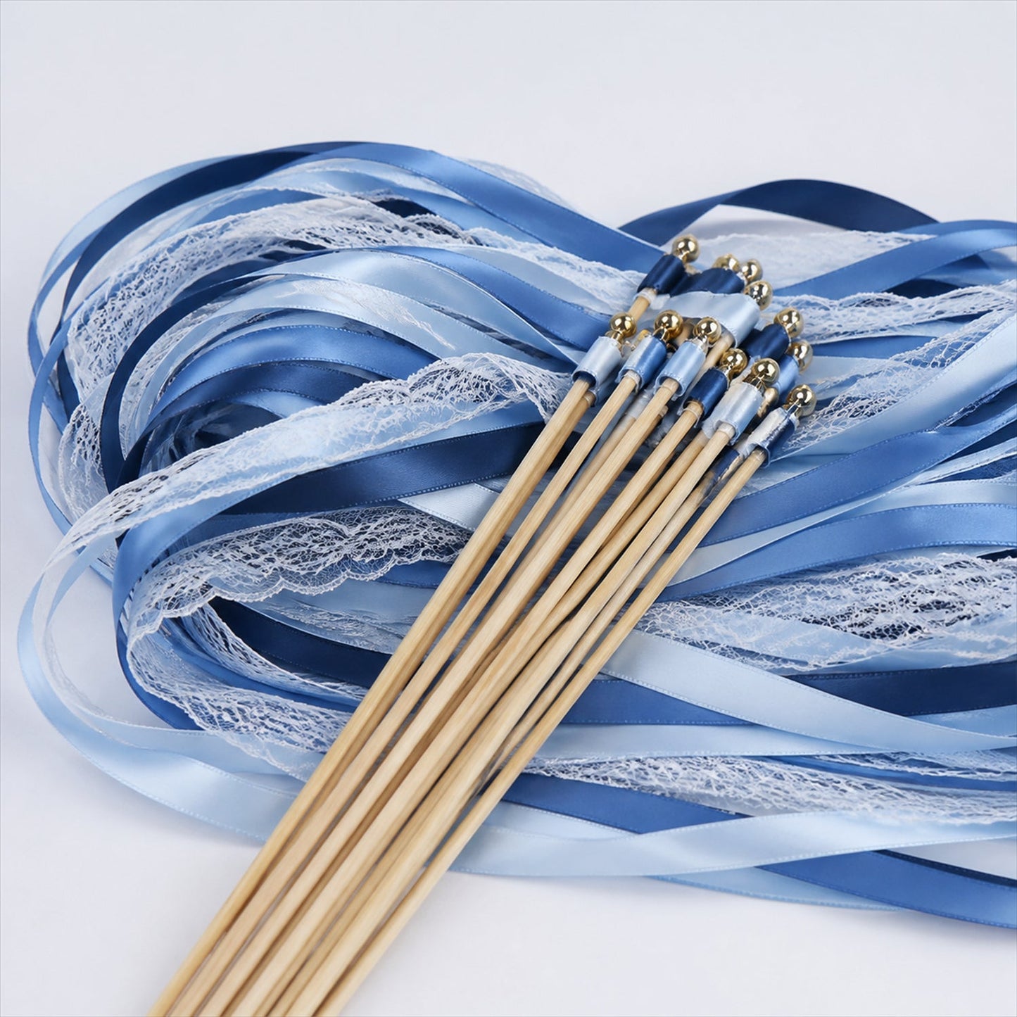 Handmade Dusty Blue, Navy & White Satin & Lace Wedding Ribbon Wands with Bell