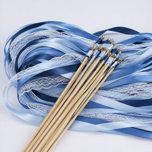 Handmade Dusty Blue, Navy & White Satin & Lace Wedding Ribbon Wands with Bell