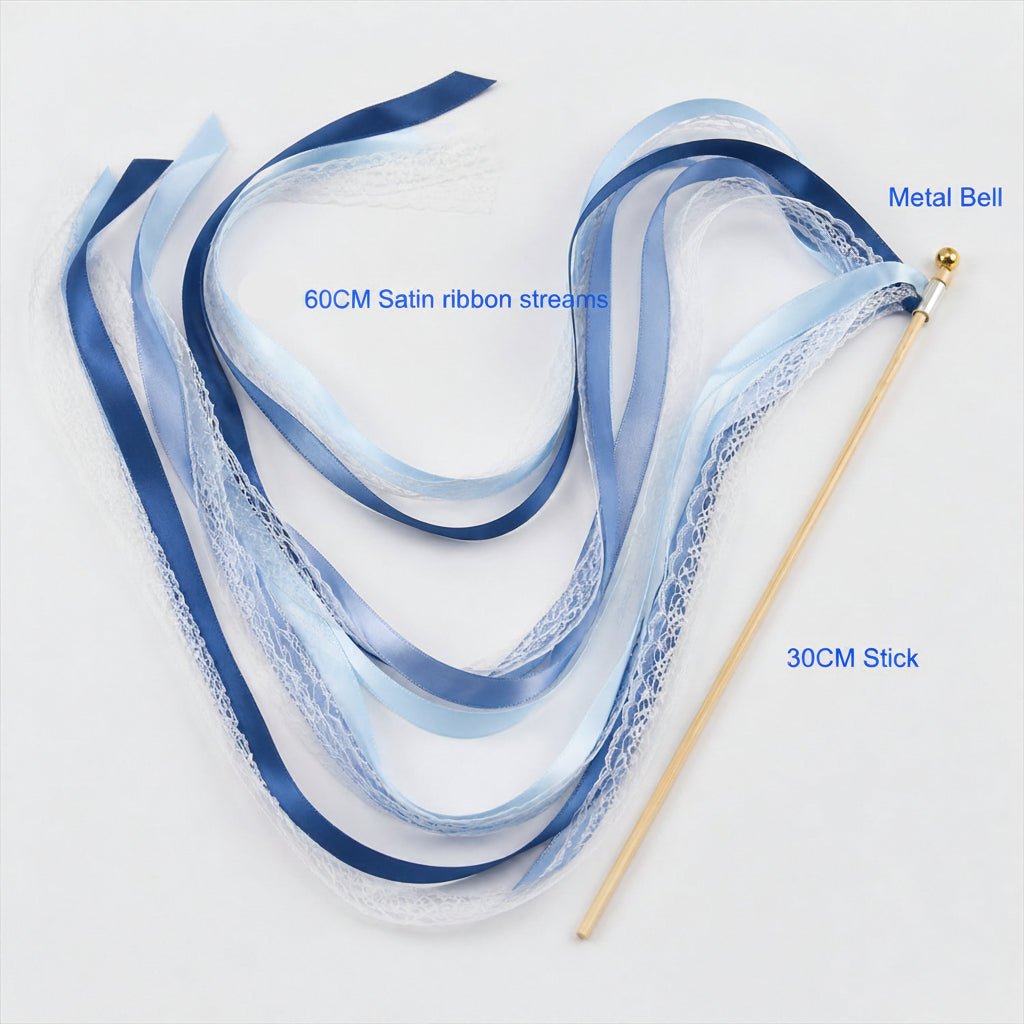 Handmade Dusty Blue, Navy & White Satin & Lace Wedding Ribbon Wands with Bell