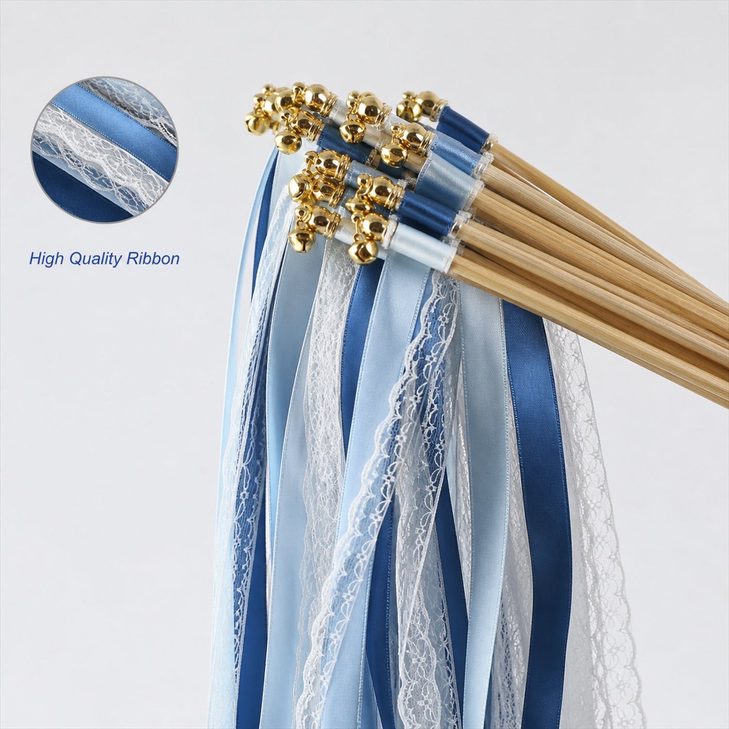 Handmade Dusty Blue, Navy & White Satin & Lace Wedding Ribbon Wands with Bell