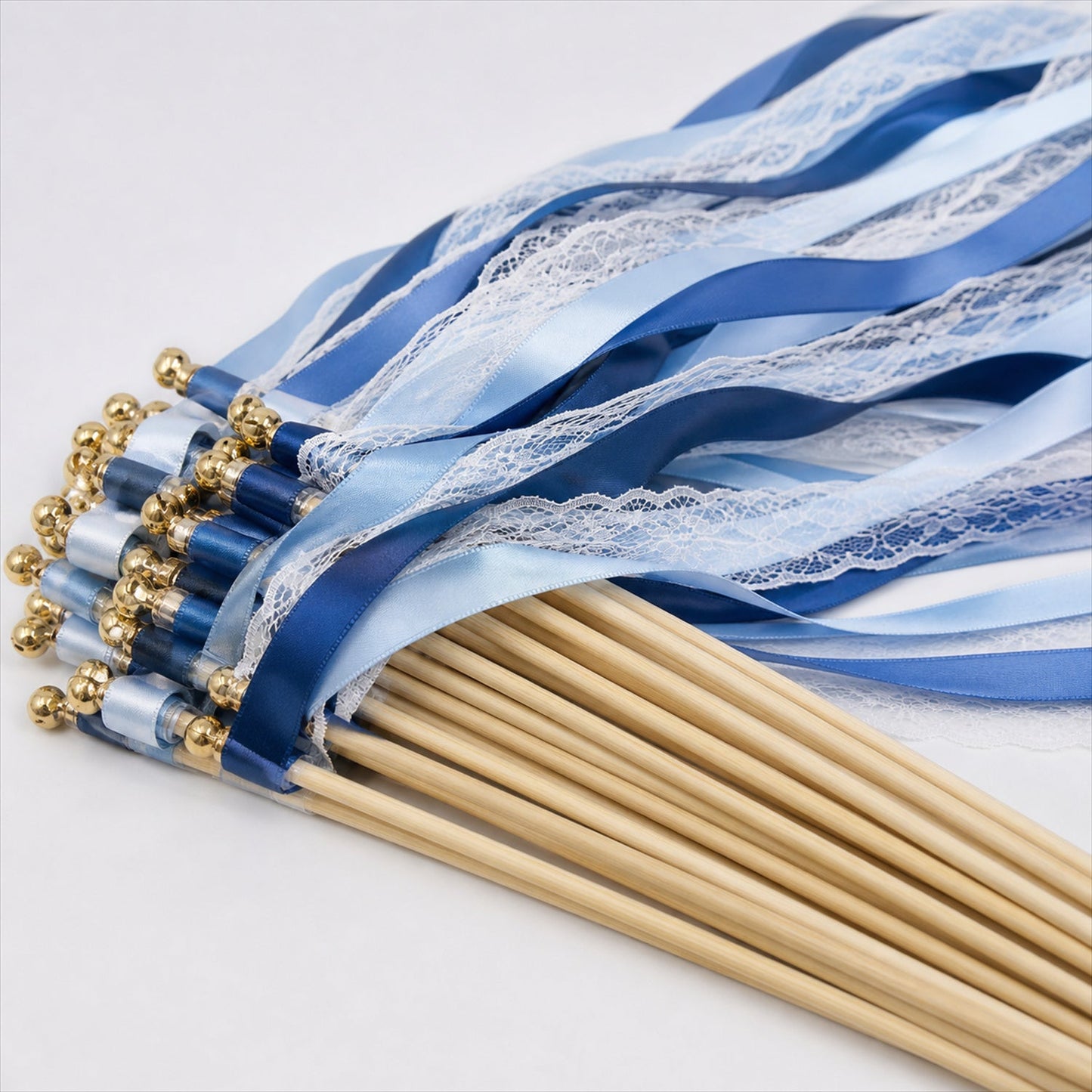 Handmade Dusty Blue, Navy & White Satin & Lace Wedding Ribbon Wands with Bell