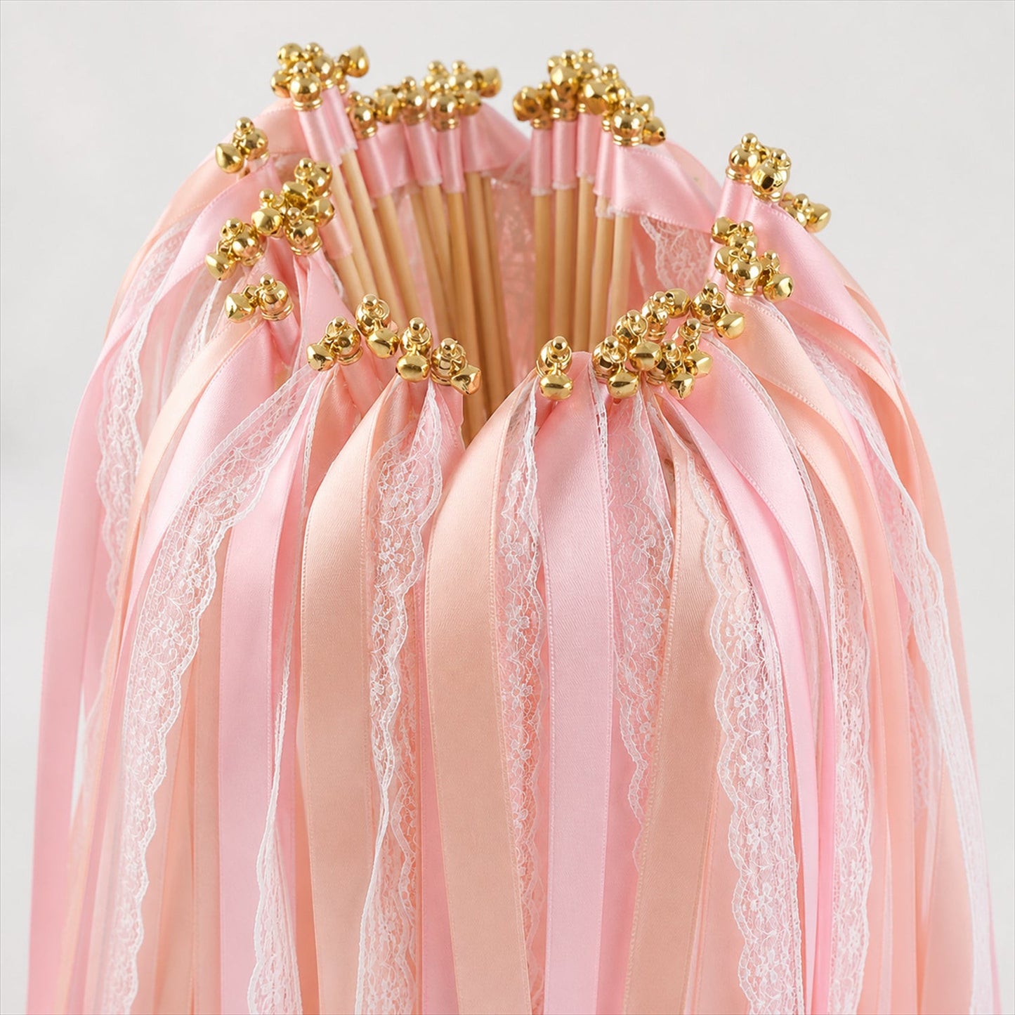 Handmade Blush Pink, Peach & White Satin & Lace Wedding Ribbon Wands with Bell
