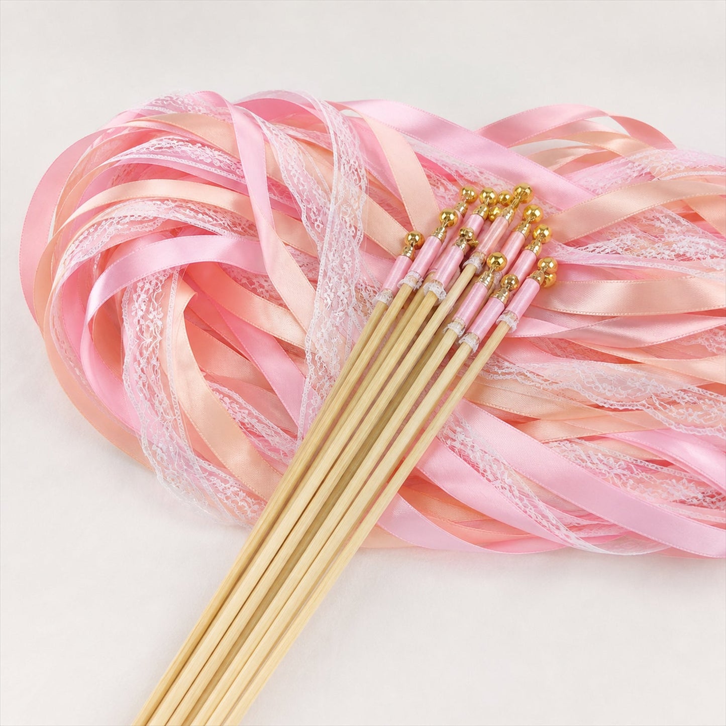 Handmade Blush Pink, Peach & White Satin & Lace Wedding Ribbon Wands with Bell