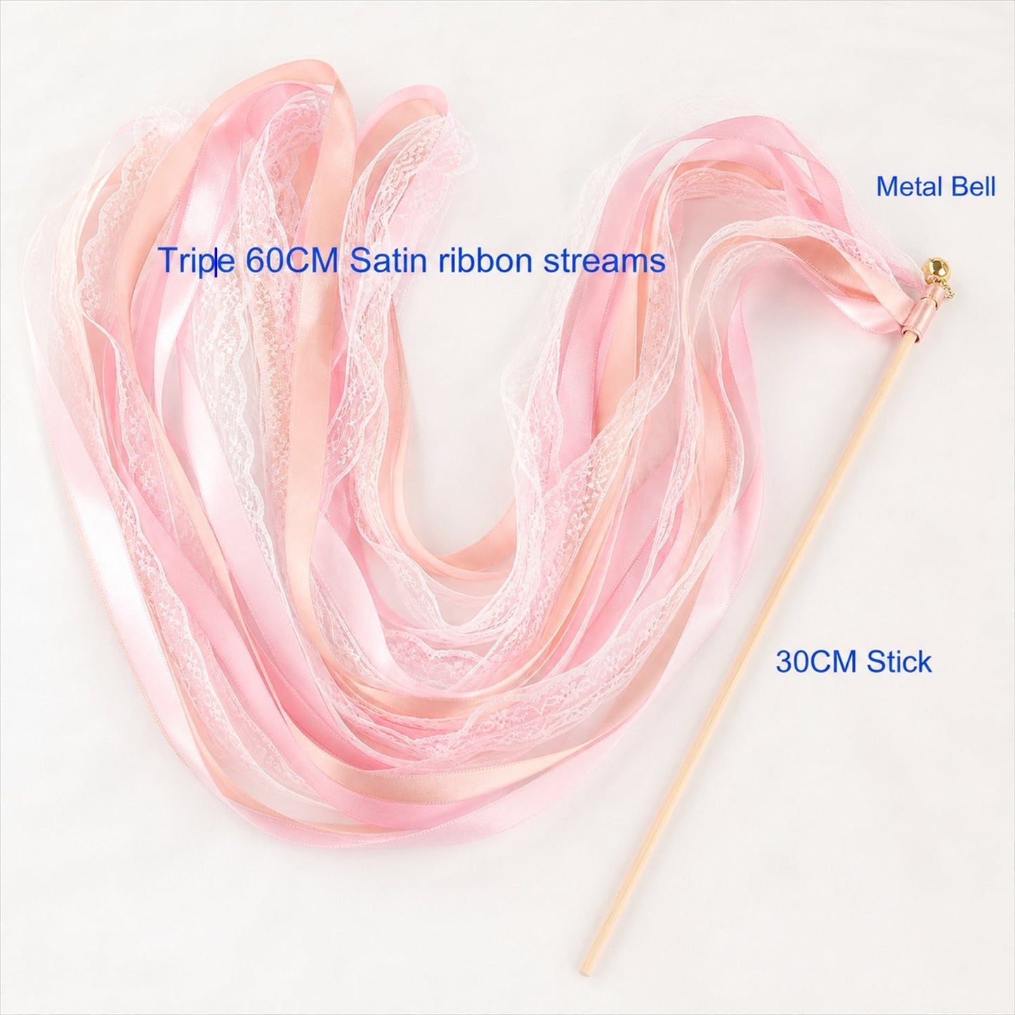 Handmade Blush Pink, Peach & White Satin & Lace Wedding Ribbon Wands with Bell