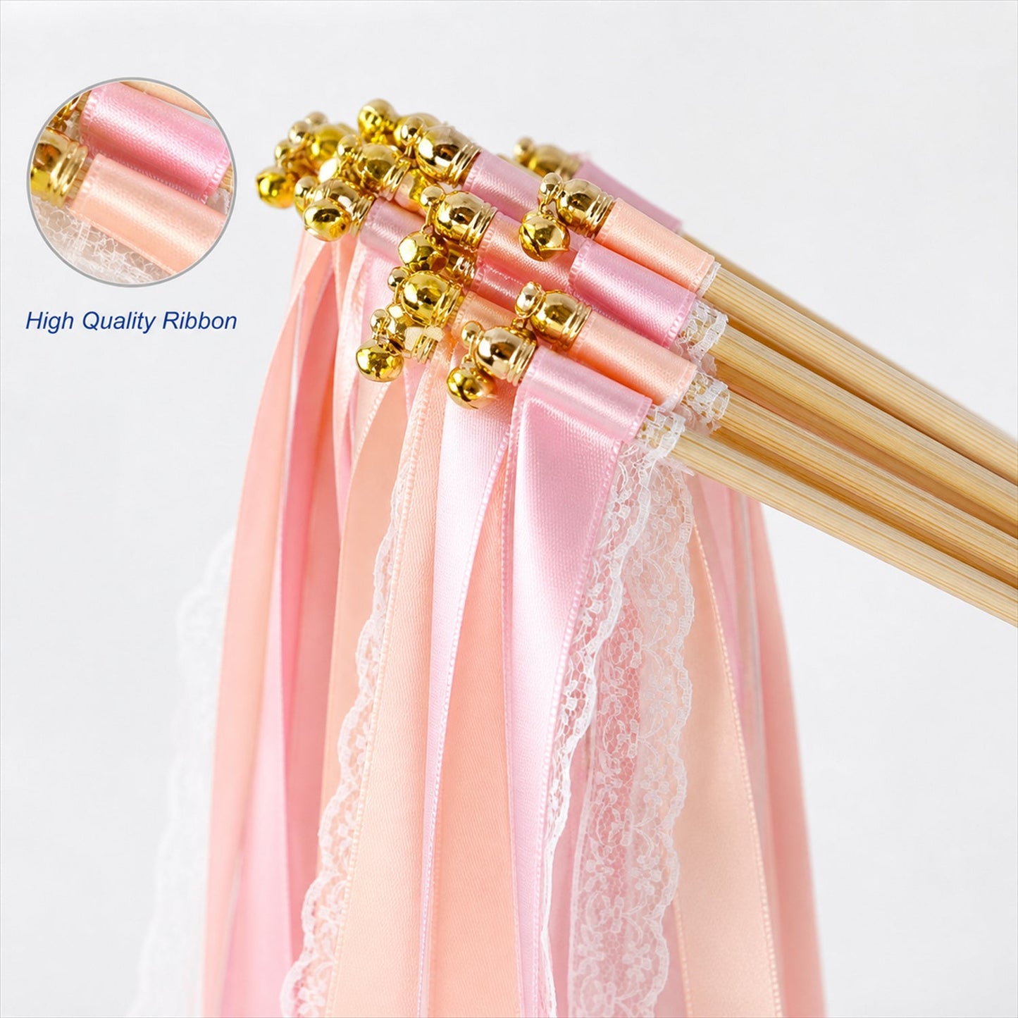 Handmade Blush Pink, Peach & White Satin & Lace Wedding Ribbon Wands with Bell