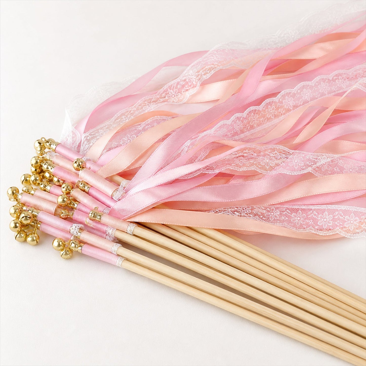 Handmade Blush Pink, Peach & White Satin & Lace Wedding Ribbon Wands with Bell