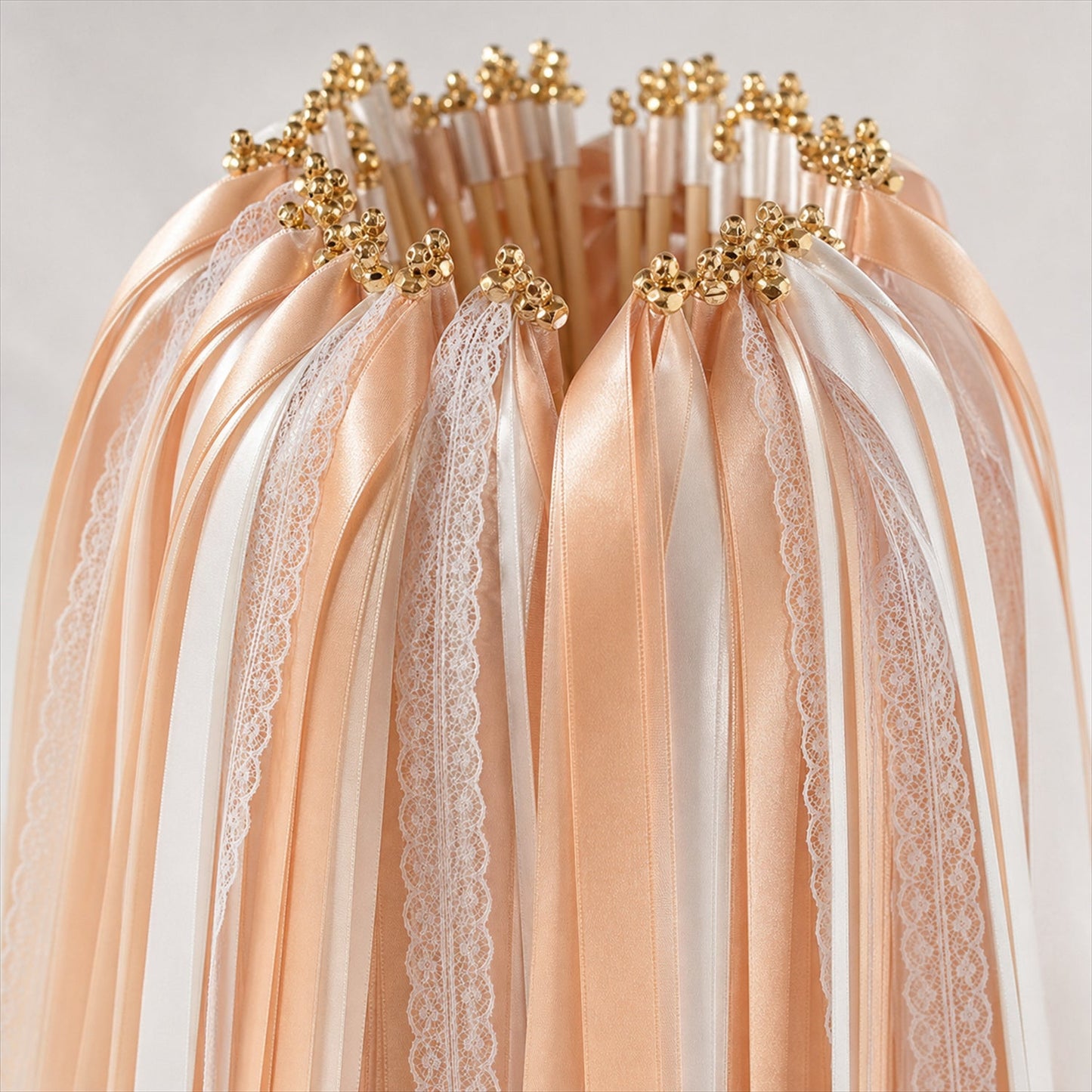 Handmade Champagne, Peach & Ivory Satin & Lace Wedding Ribbon Wands with Bell