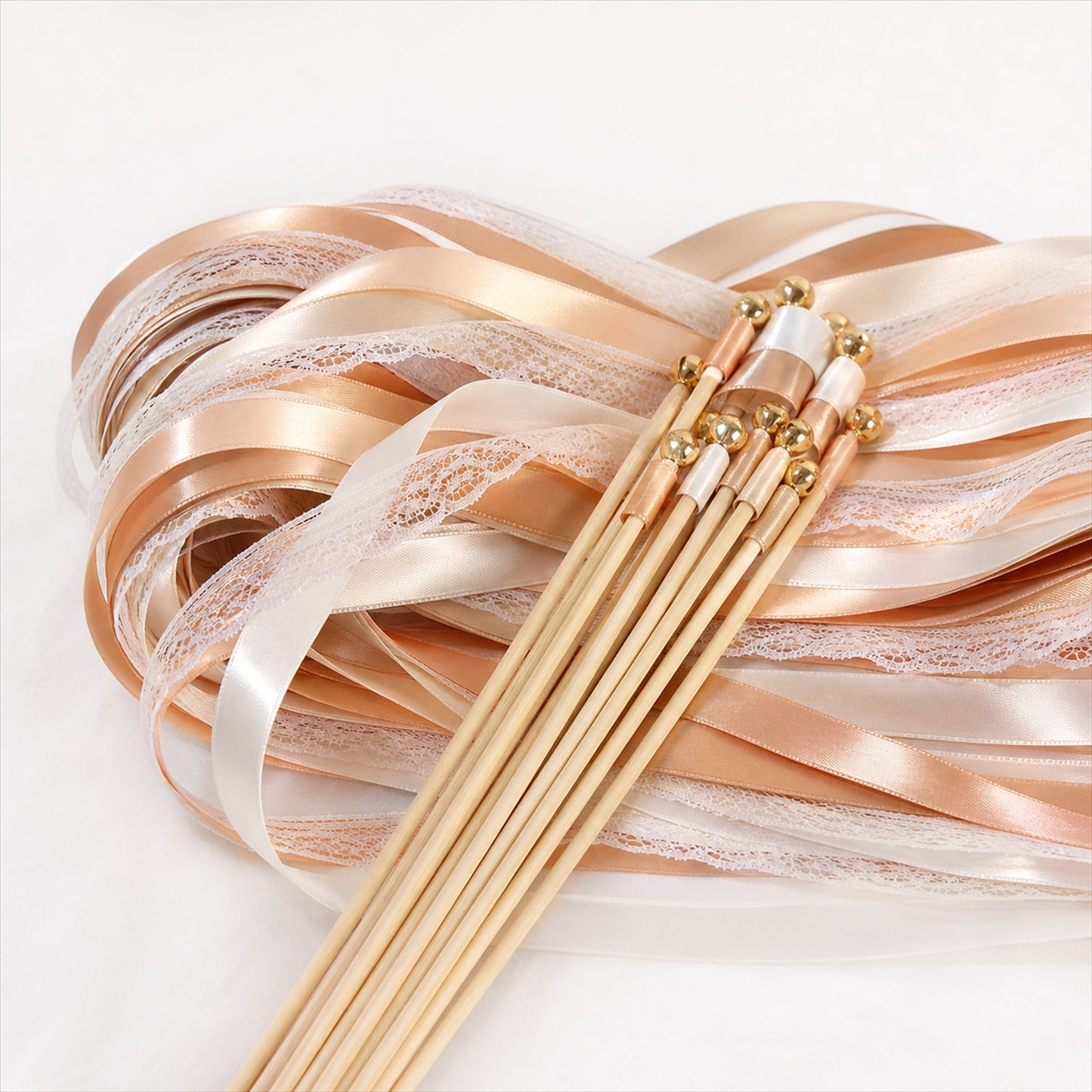 Handmade Champagne, Peach & Ivory Satin & Lace Wedding Ribbon Wands with Bell