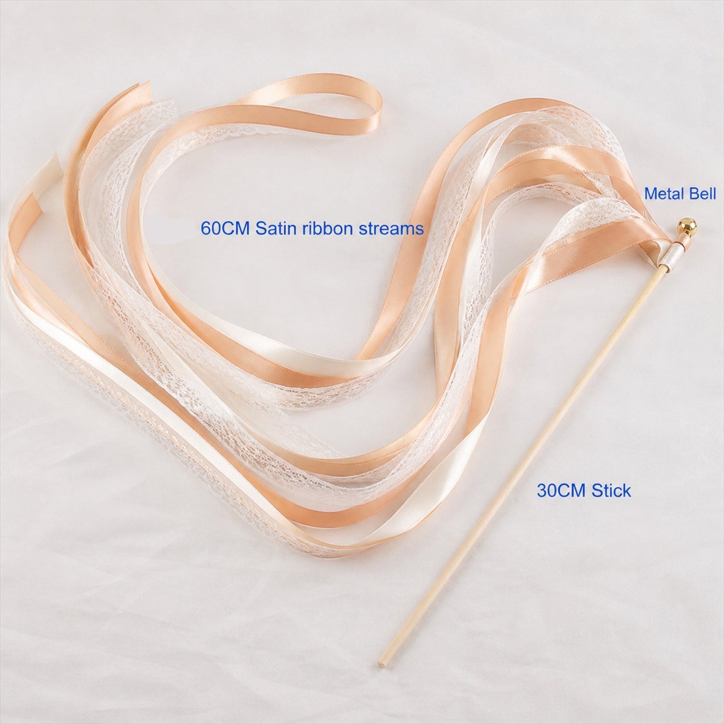 Handmade Champagne, Peach & Ivory Satin & Lace Wedding Ribbon Wands with Bell