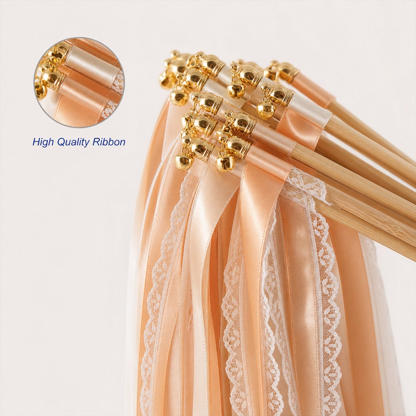 Handmade Champagne, Peach & Ivory Satin & Lace Wedding Ribbon Wands with Bell