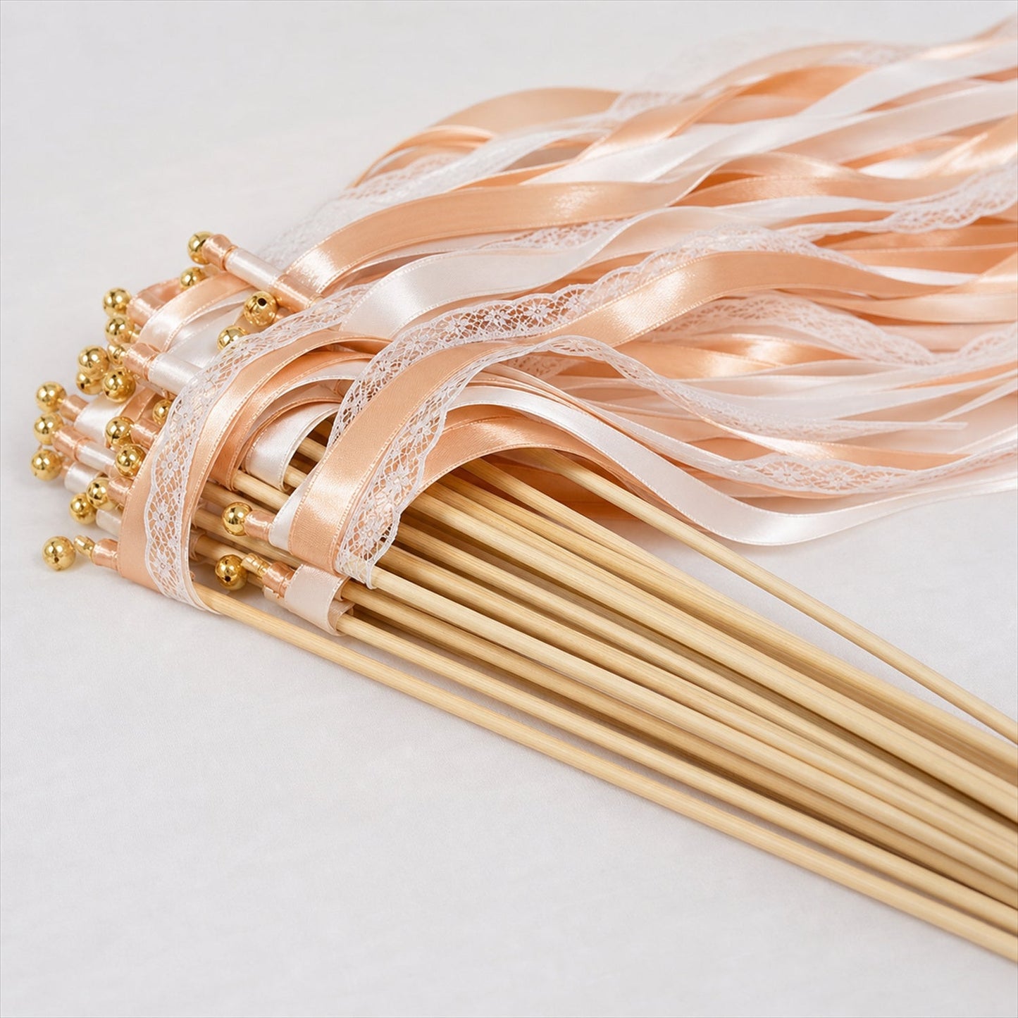 Handmade Champagne, Peach & Ivory Satin & Lace Wedding Ribbon Wands with Bell
