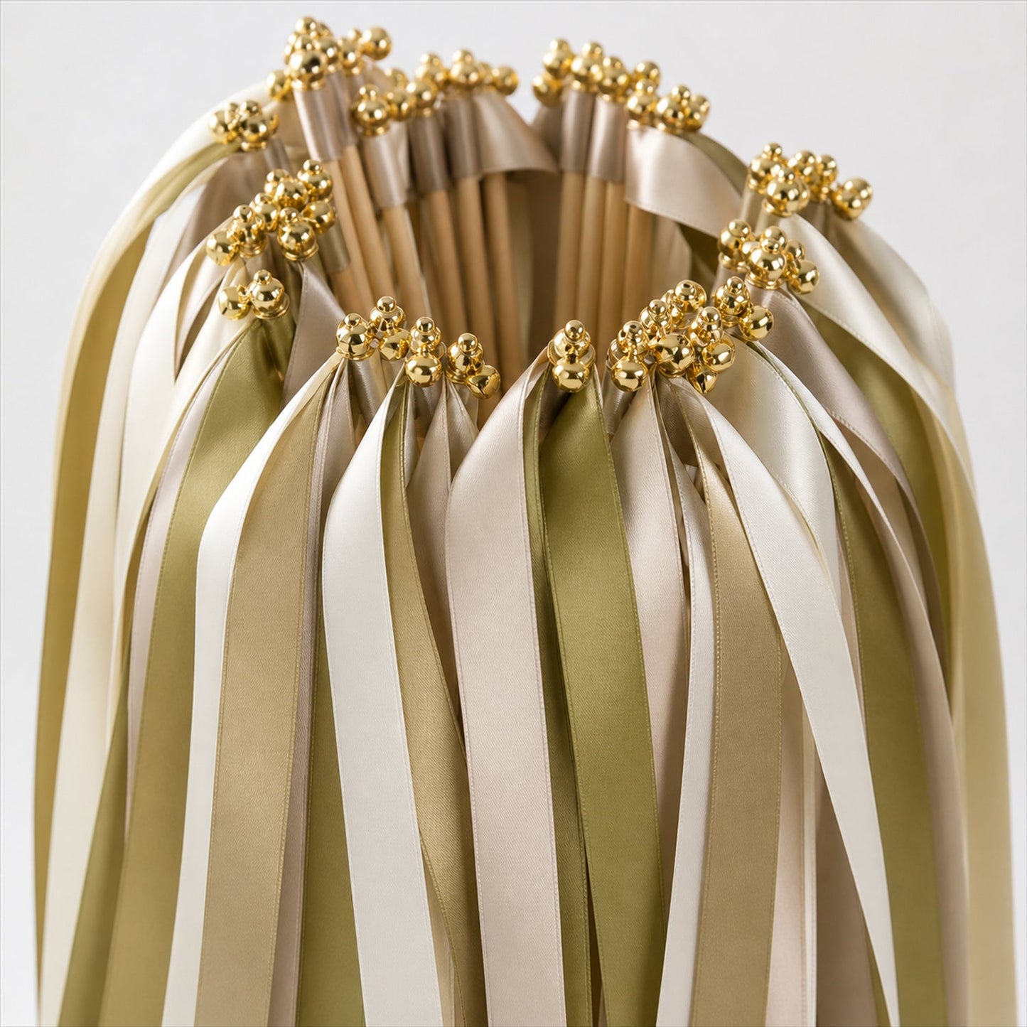 Handmade Olive, Champagne & Ivory Satin Wedding Ribbon Wands with Bell
