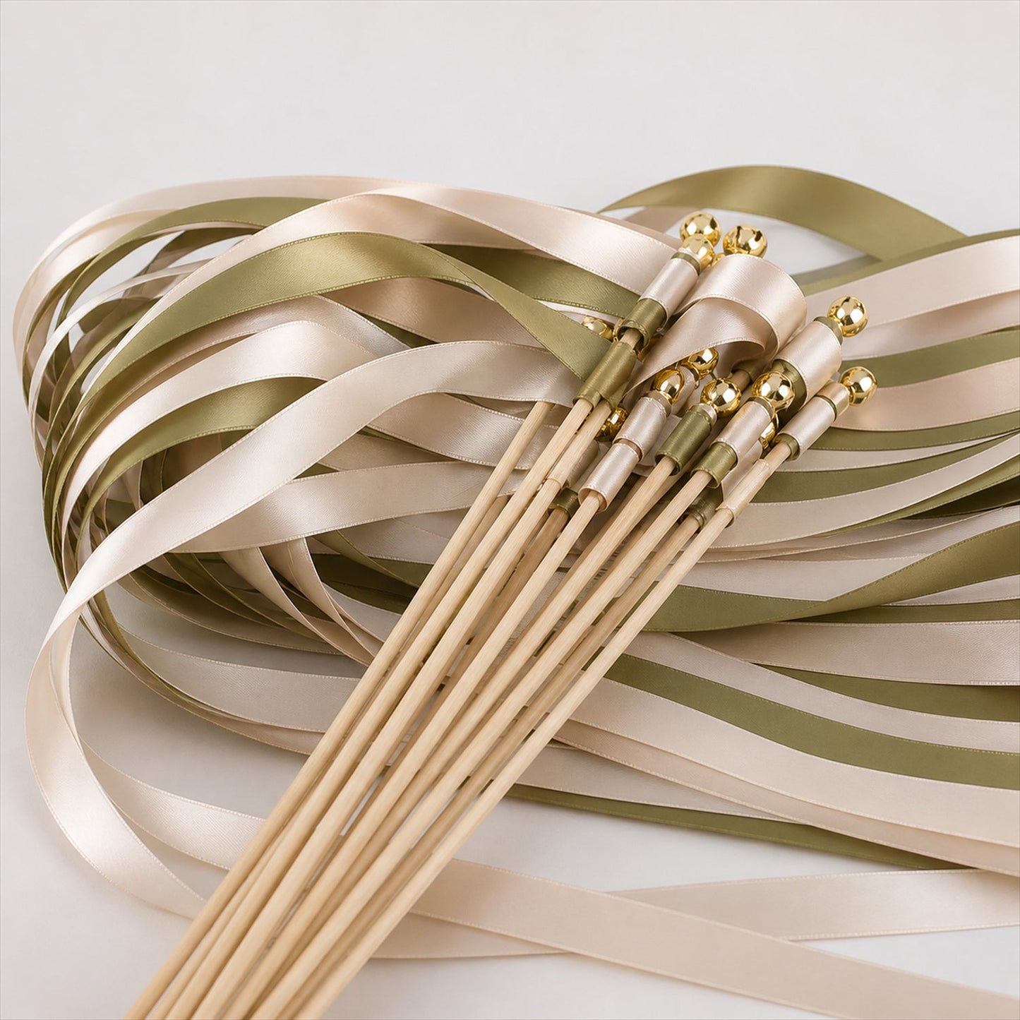 Handmade Olive, Champagne & Ivory Satin Wedding Ribbon Wands with Bell