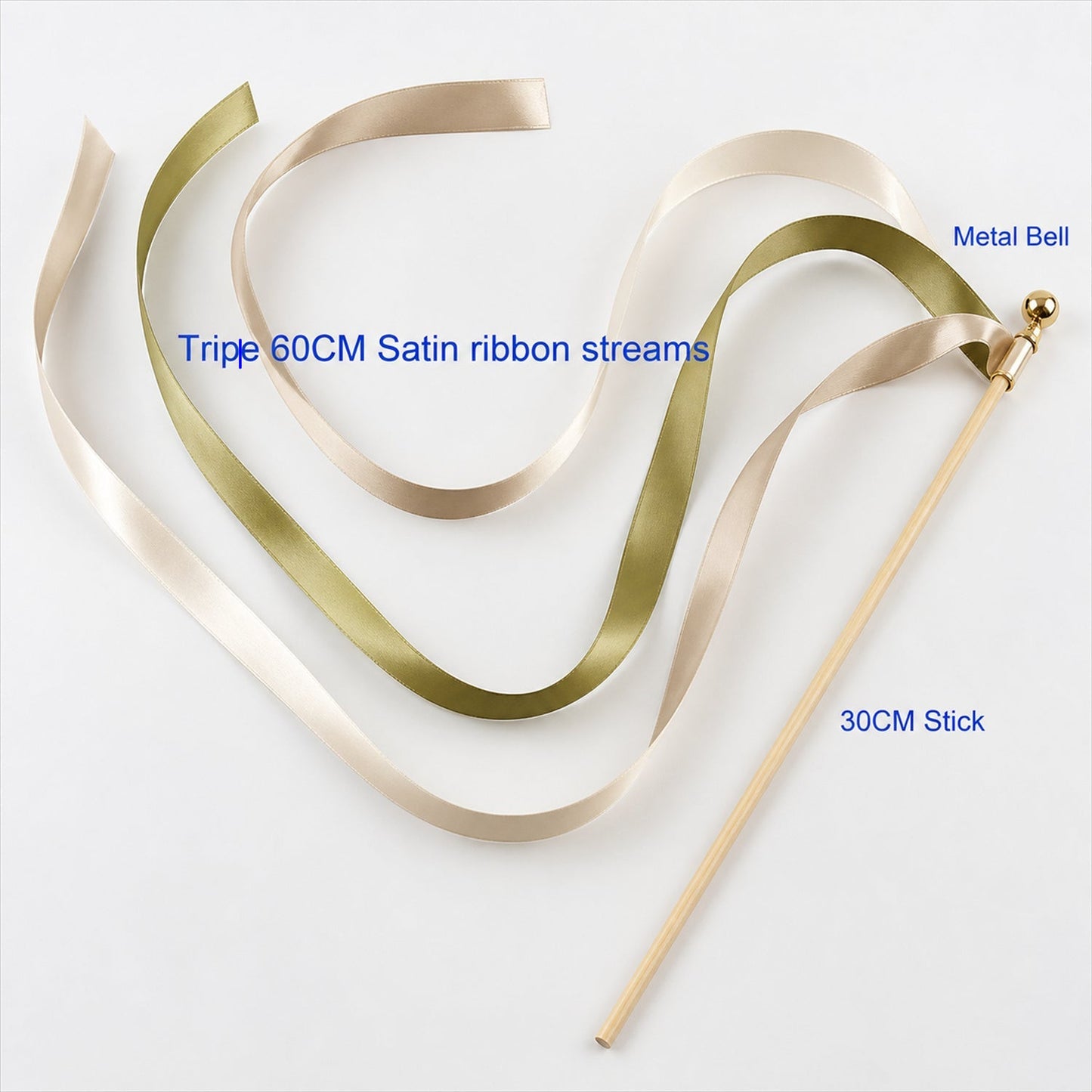 Handmade Olive, Champagne & Ivory Satin Wedding Ribbon Wands with Bell