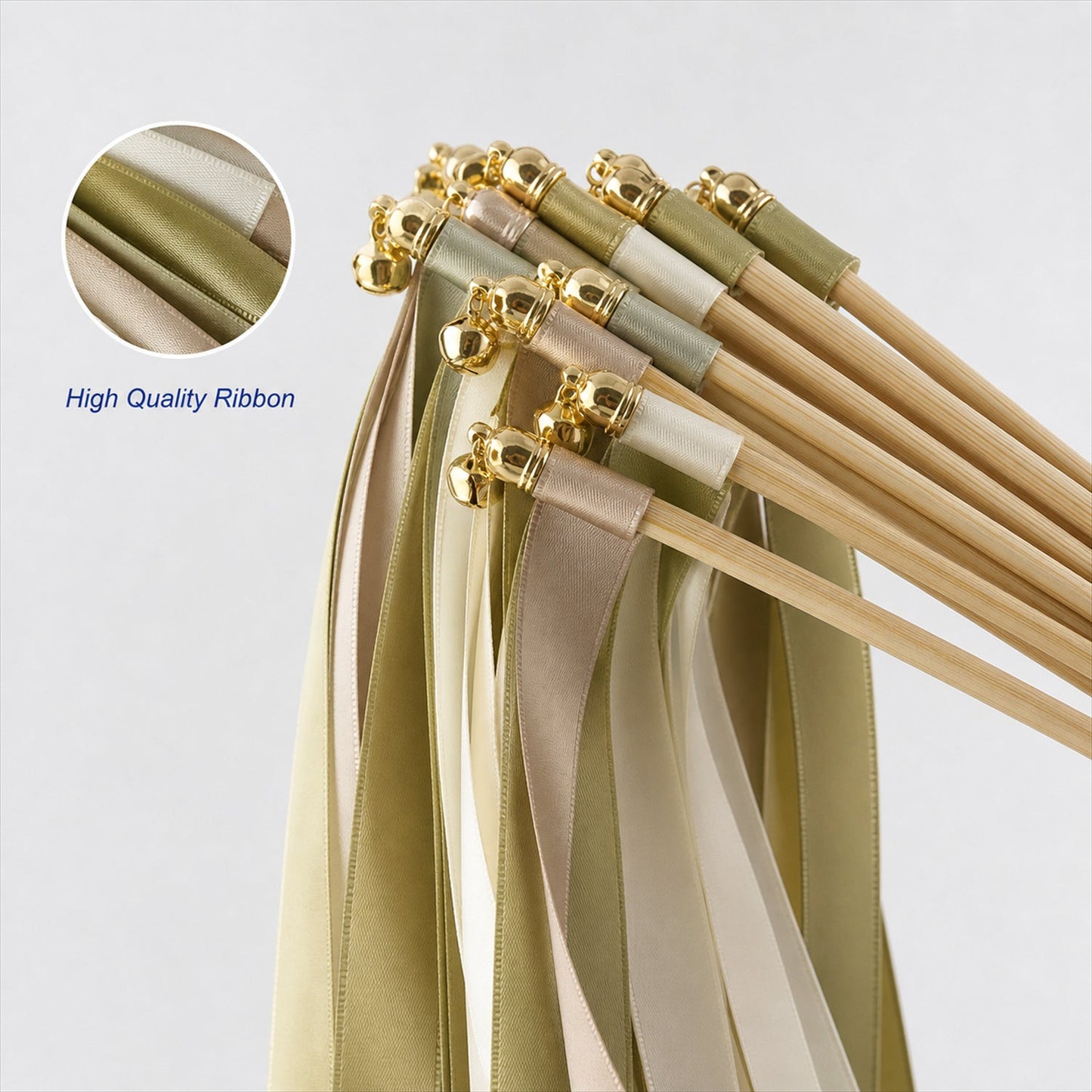 Handmade Olive, Champagne & Ivory Satin Wedding Ribbon Wands with Bell