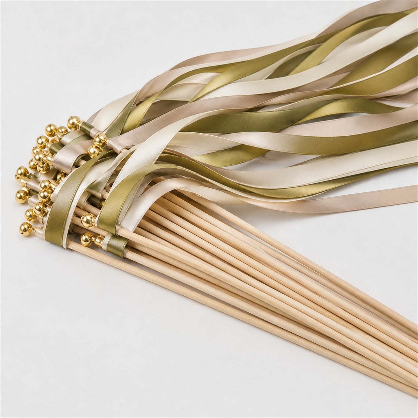 Handmade Olive, Champagne & Ivory Satin Wedding Ribbon Wands with Bell