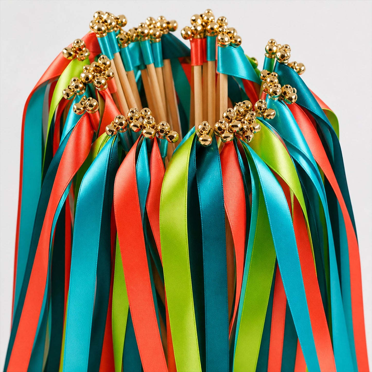 Handmade Coral, Turquoise, Lime & Navy Satin Wedding Ribbon Wands with Bell