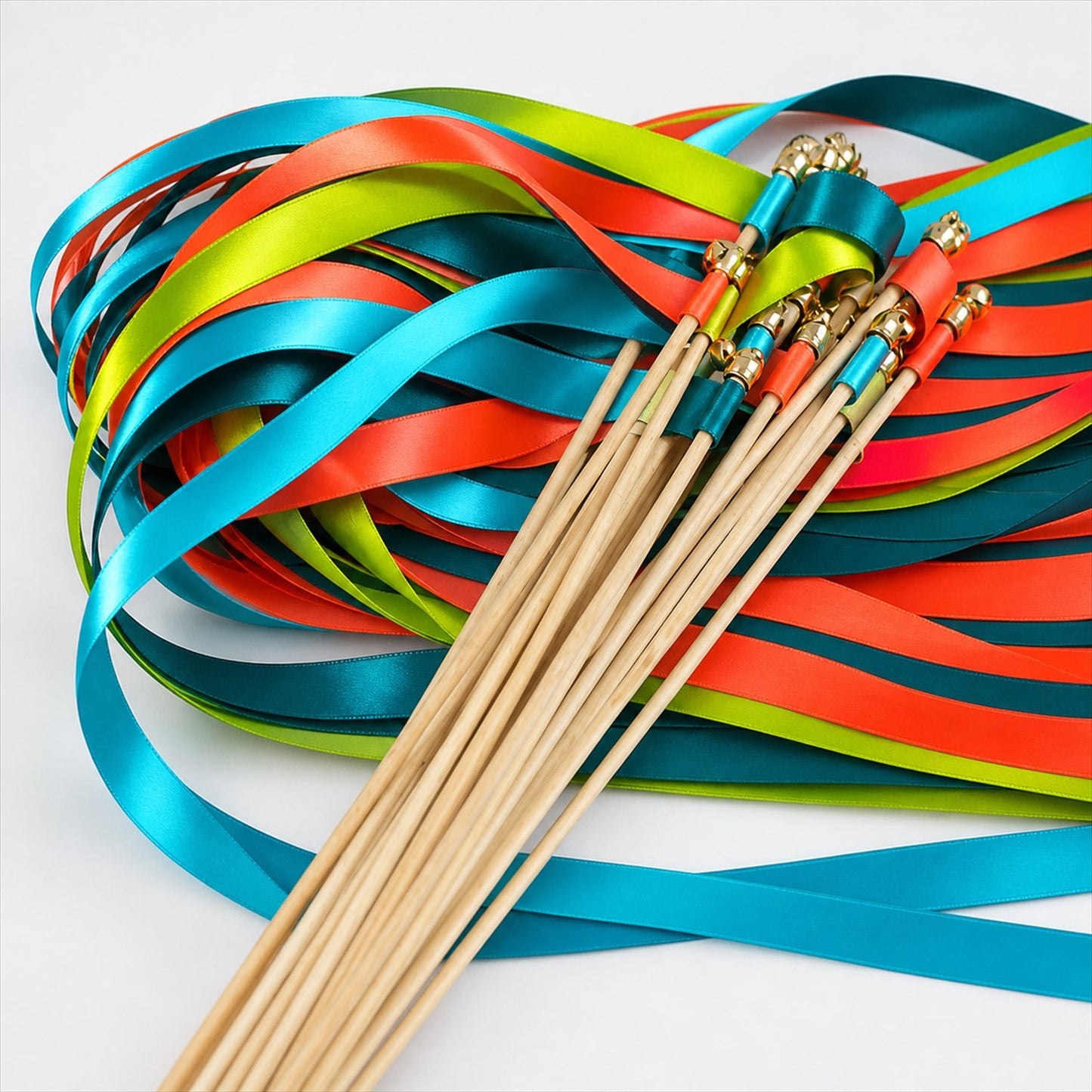 Handmade Coral, Turquoise, Lime & Navy Satin Wedding Ribbon Wands with Bell