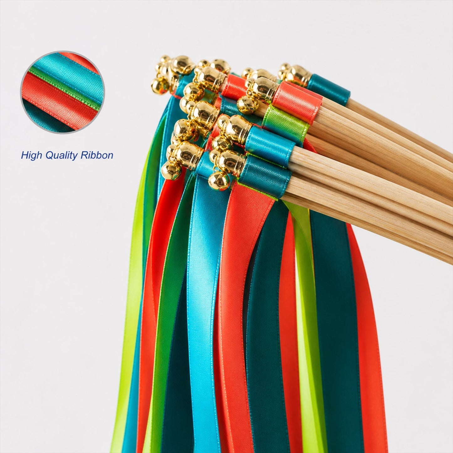 Handmade Coral, Turquoise, Lime & Navy Satin Wedding Ribbon Wands with Bell
