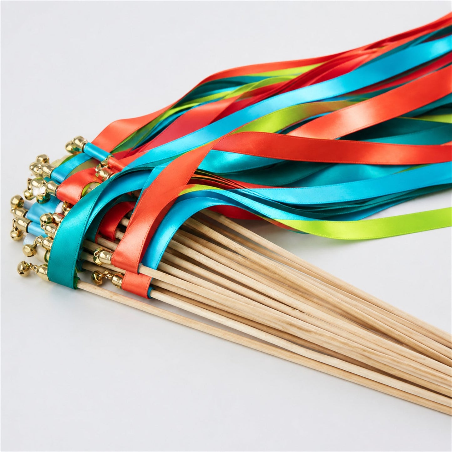 Handmade Coral, Turquoise, Lime & Navy Satin Wedding Ribbon Wands with Bell