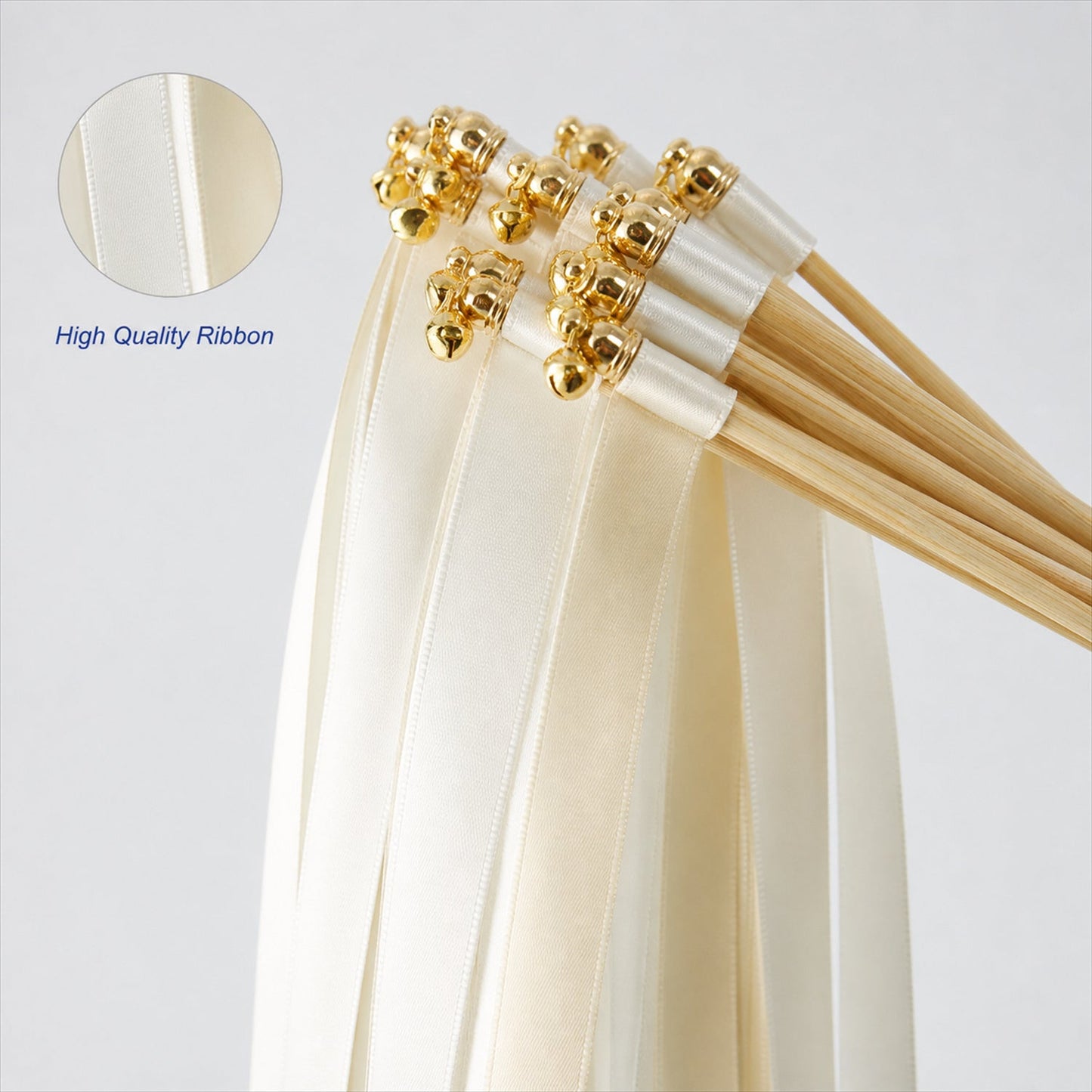 Handmade Ivory & White Satin Wedding Ribbon Wands with Bell