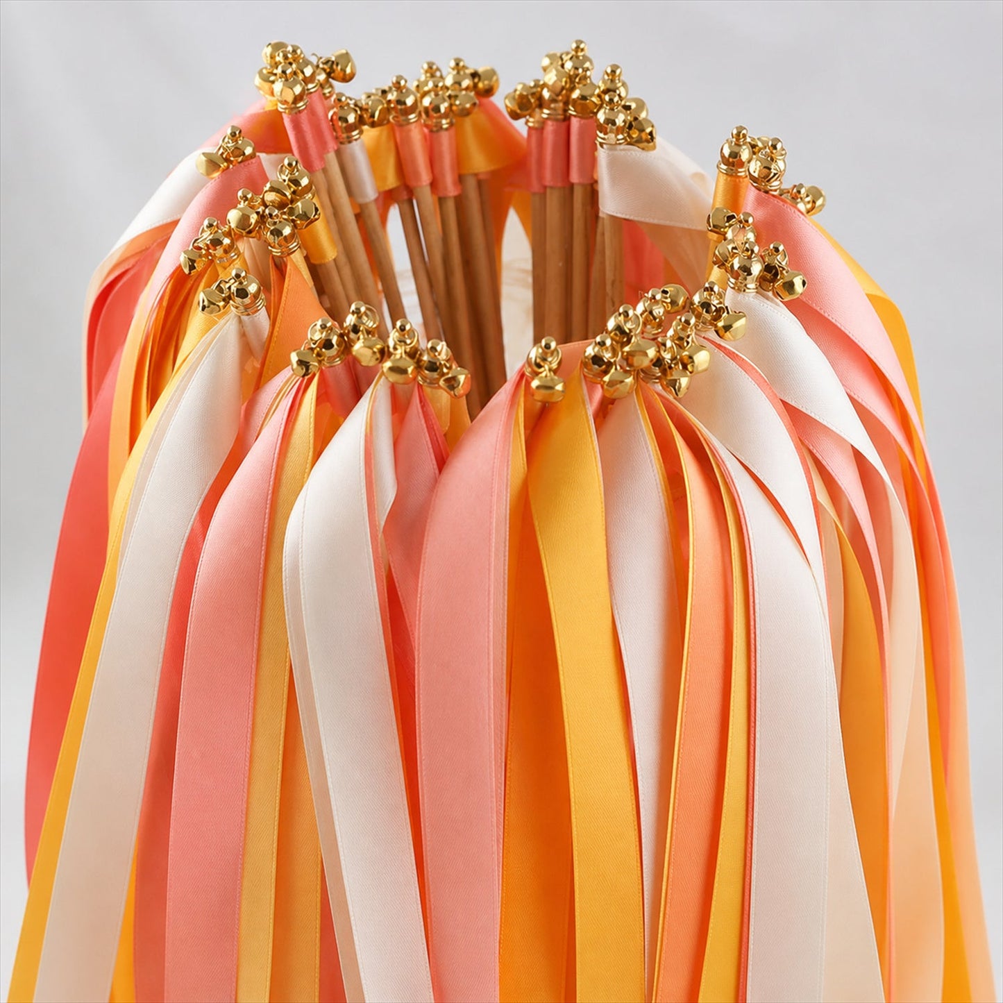 Handmade Coral, Peach & Ivory Satin Wedding Ribbon Wands with Bell