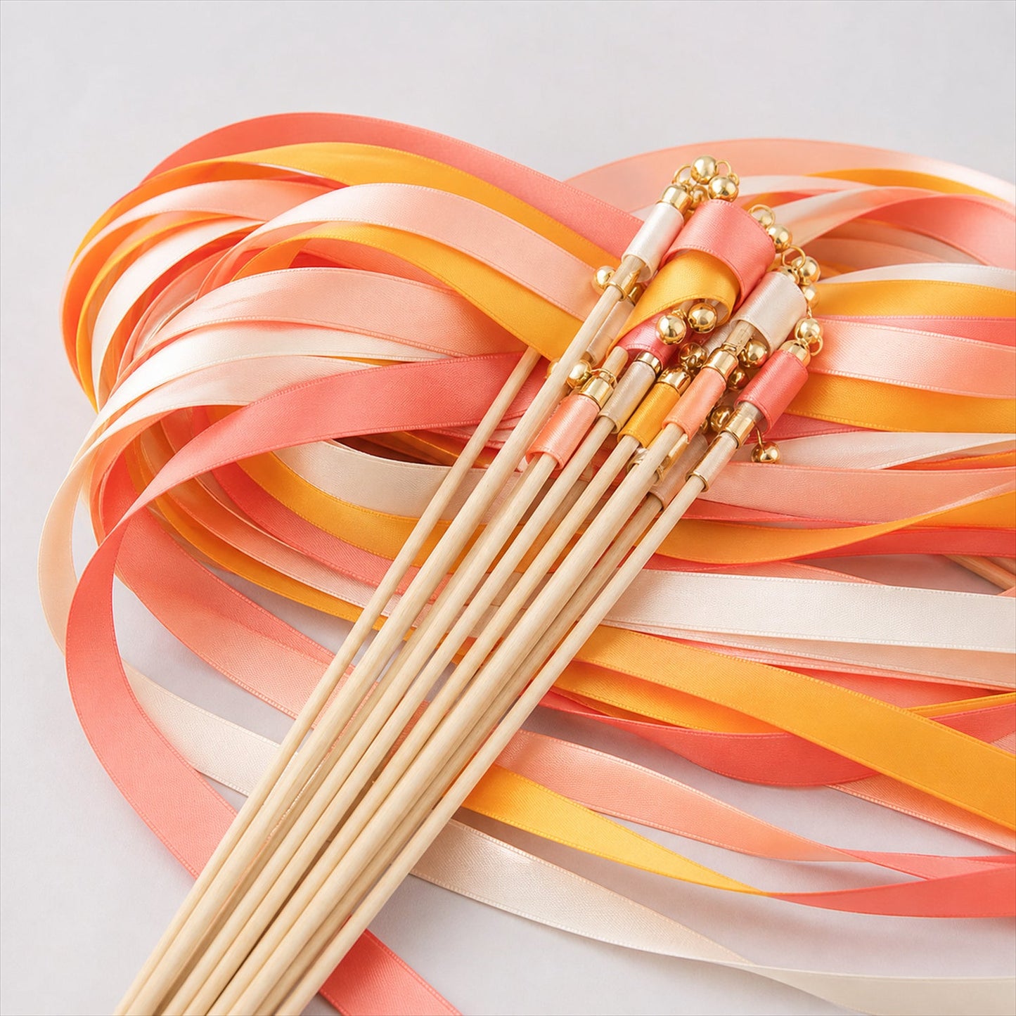 Handmade Coral, Peach & Ivory Satin Wedding Ribbon Wands with Bell