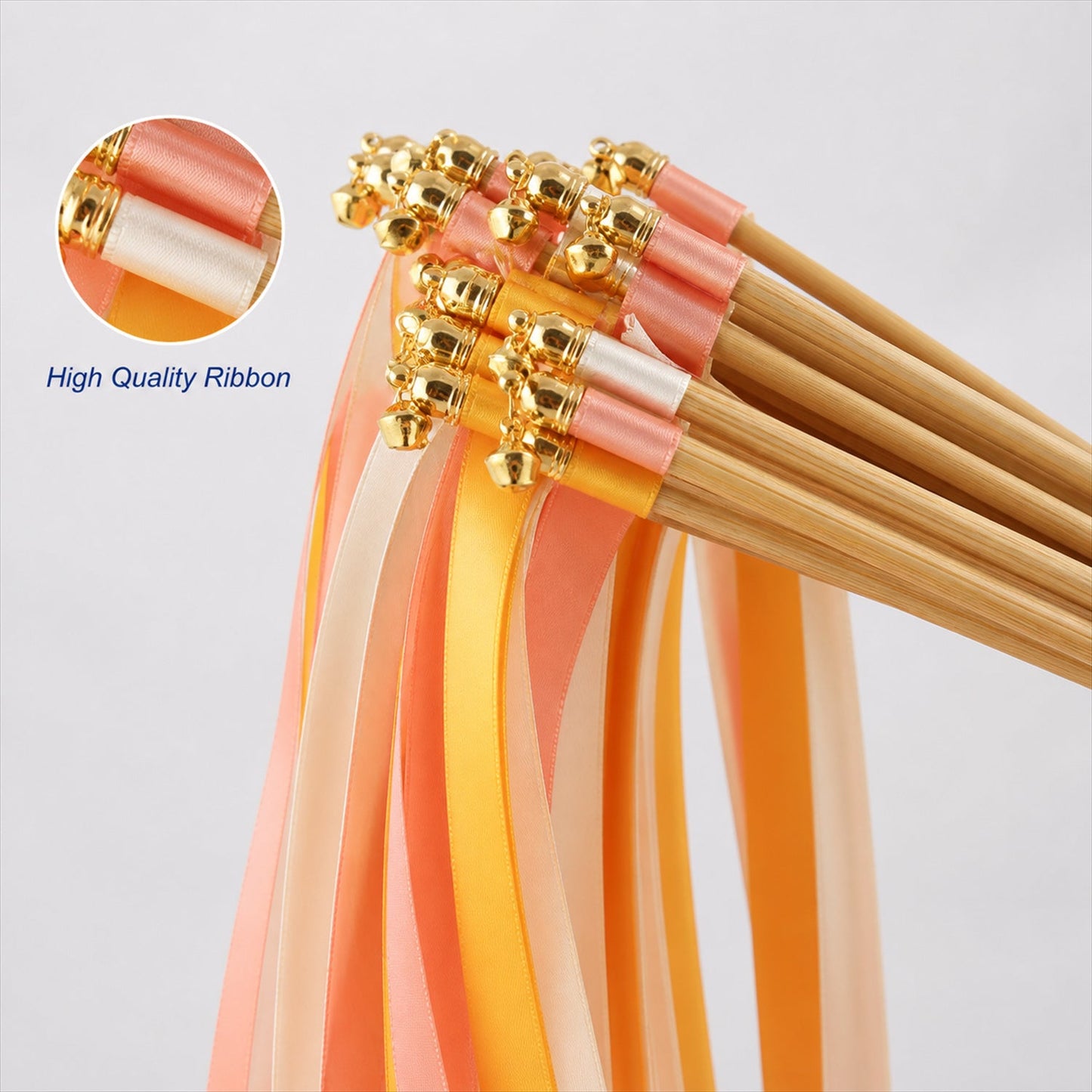 Handmade Coral, Peach & Ivory Satin Wedding Ribbon Wands with Bell