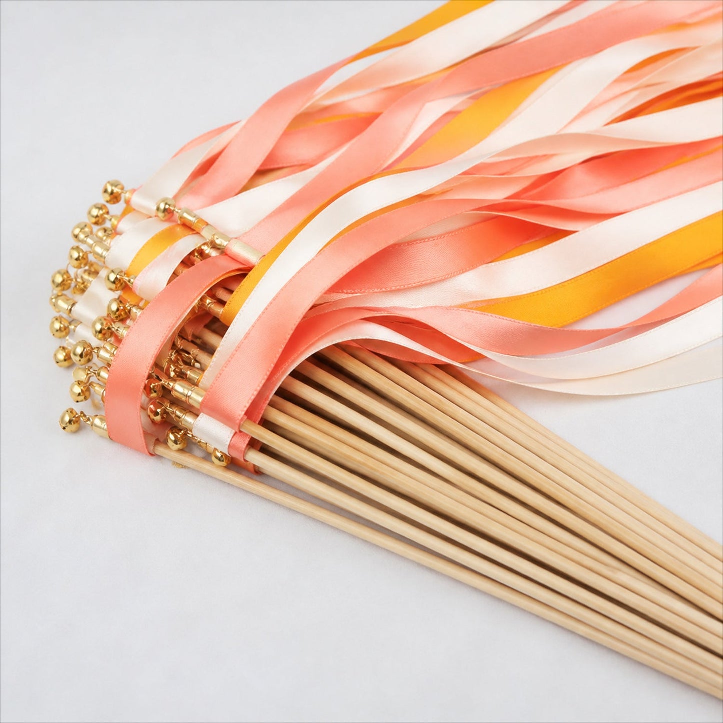 Handmade Coral, Peach & Ivory Satin Wedding Ribbon Wands with Bell