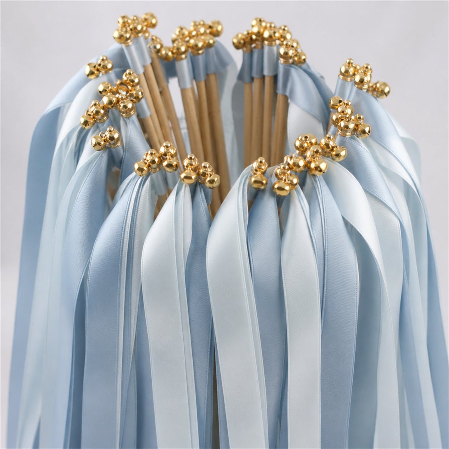 Handmade Ice Blue & White Satin Wedding Ribbon Wands with Bell