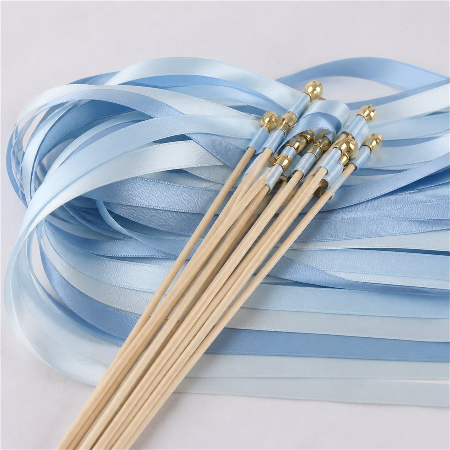 Handmade Ice Blue & White Satin Wedding Ribbon Wands with Bell