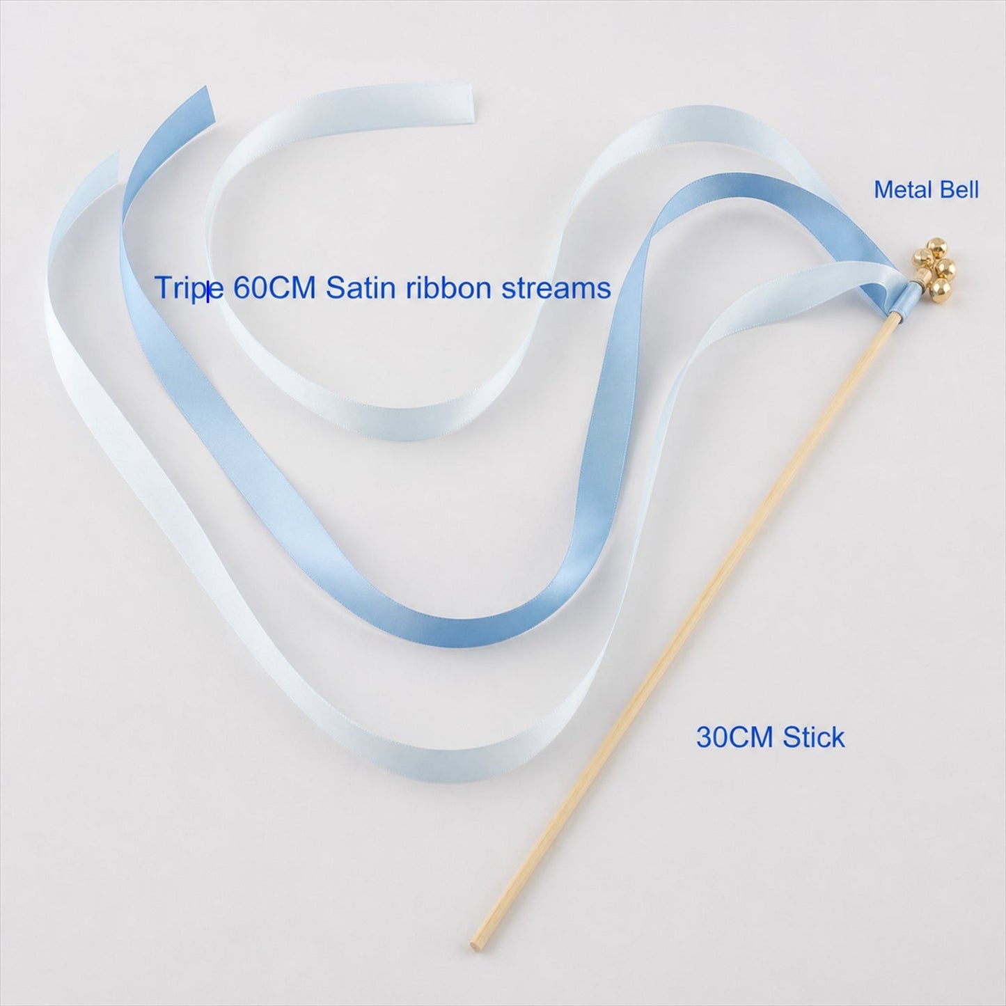 Handmade Ice Blue & White Satin Wedding Ribbon Wands with Bell