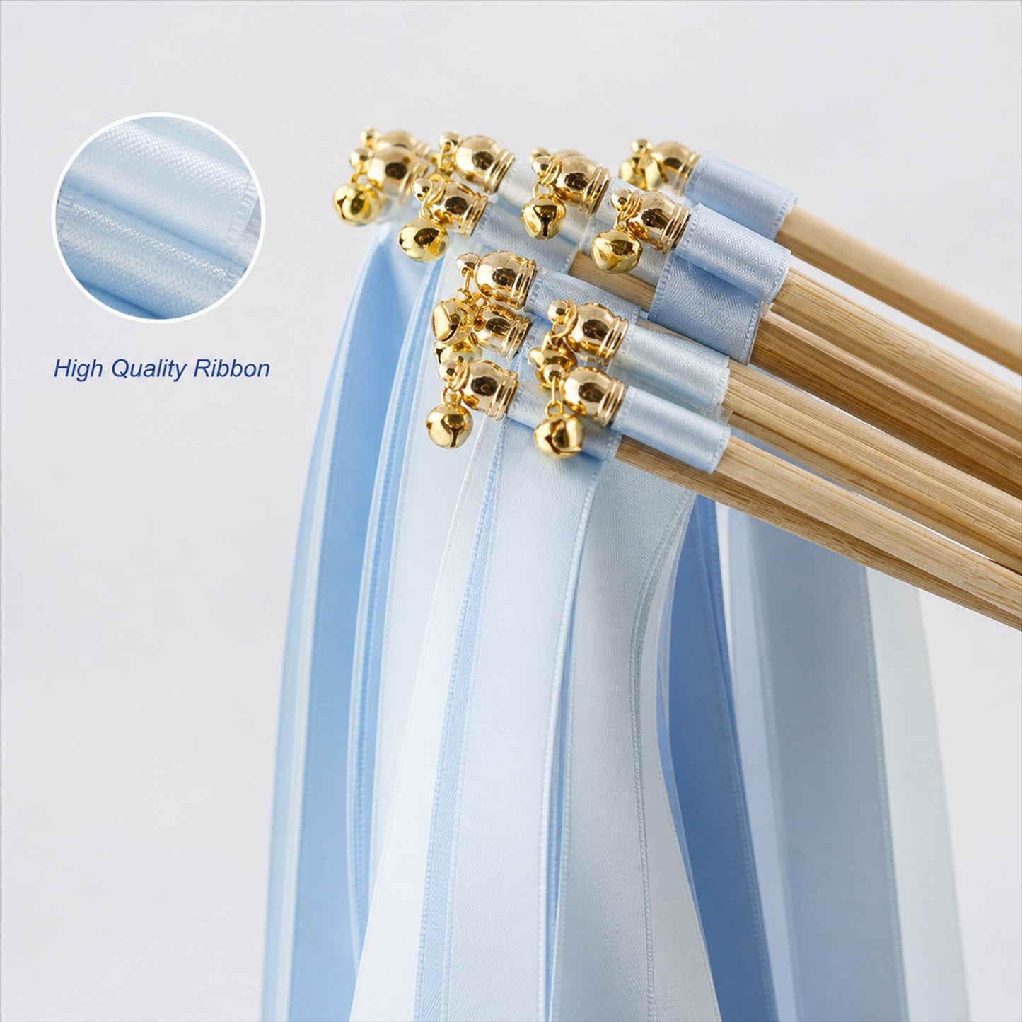 Handmade Ice Blue & White Satin Wedding Ribbon Wands with Bell