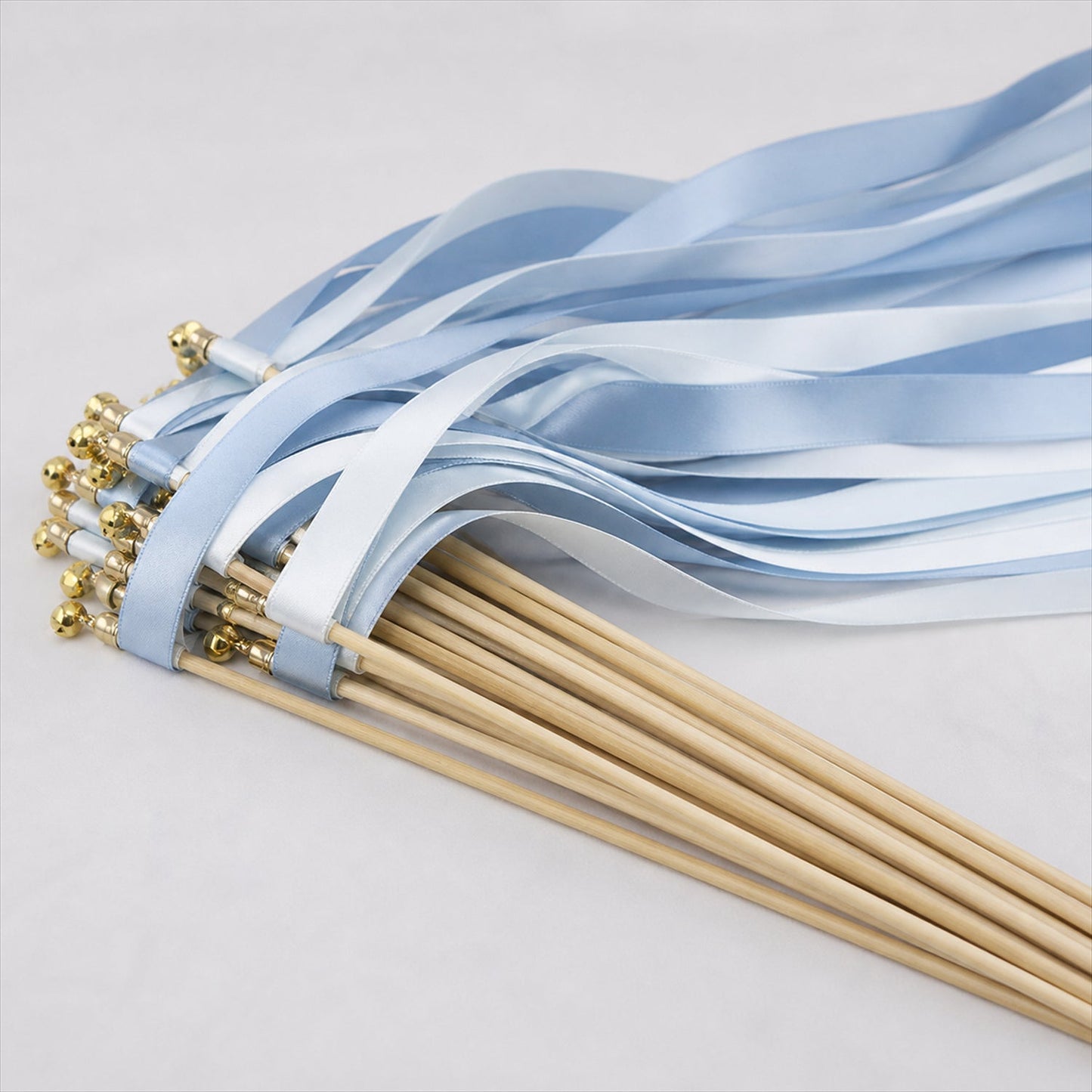 Handmade Ice Blue & White Satin Wedding Ribbon Wands with Bell