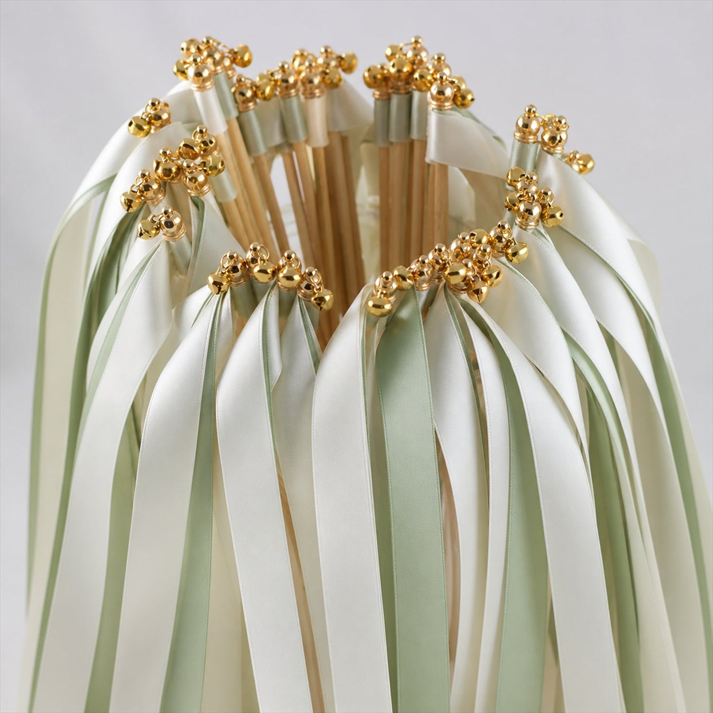 Handmade Sage & Ivory Satin Wedding Ribbon Wands with Bell