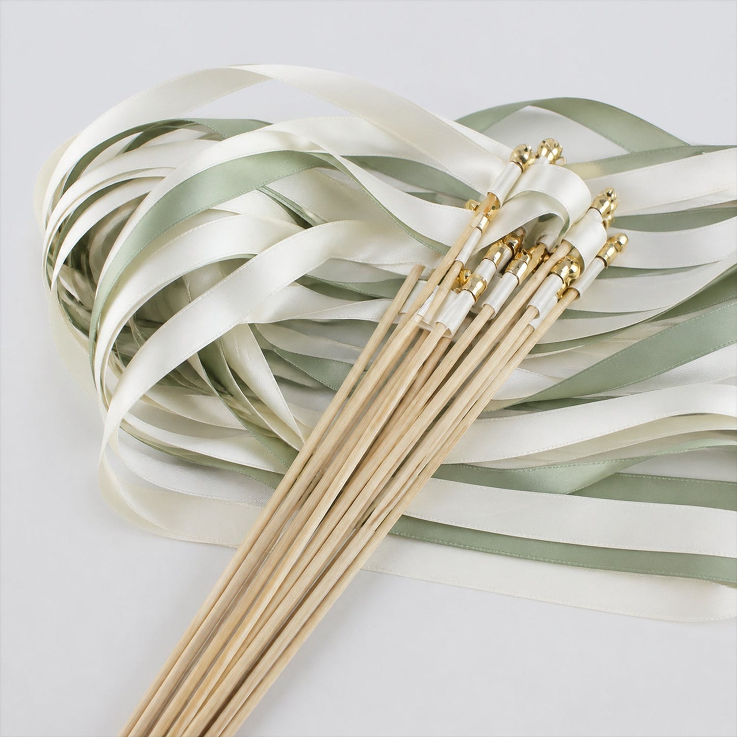 Handmade Sage & Ivory Satin Wedding Ribbon Wands with Bell